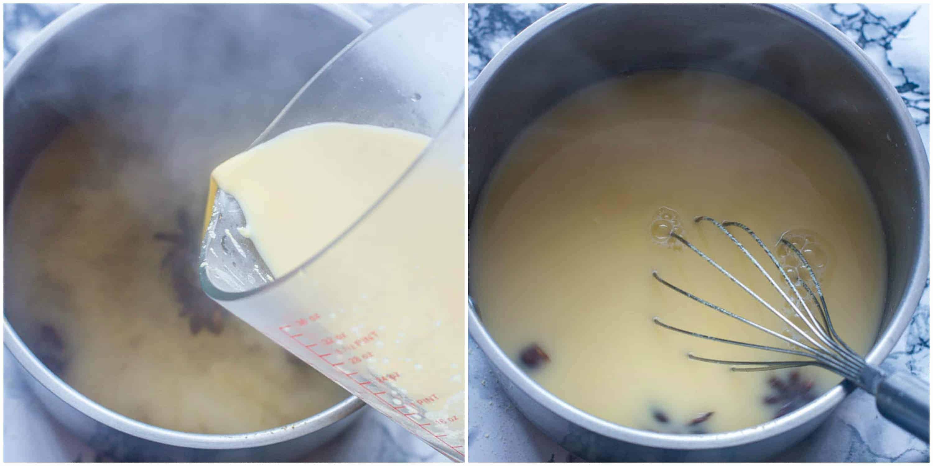 Pouring the cornflour into the saucepan