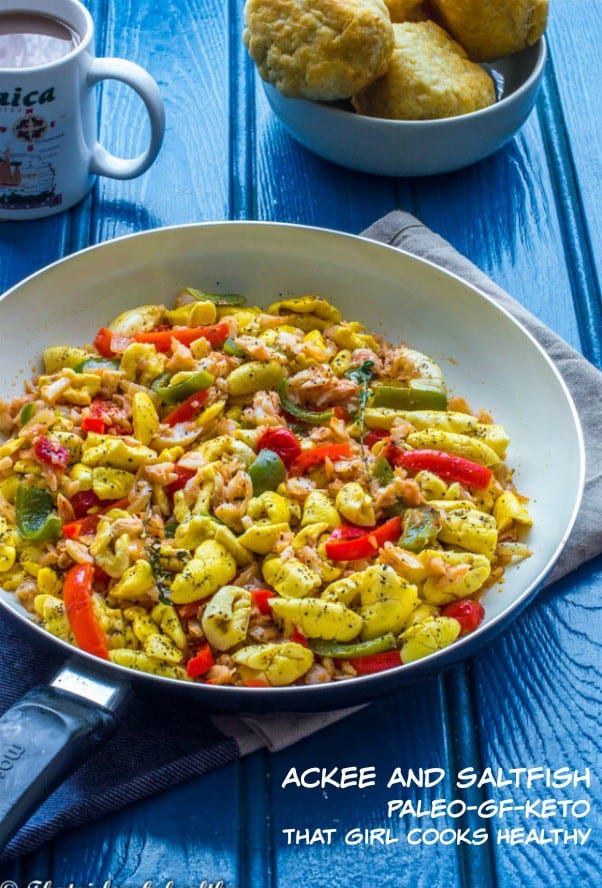 ackee and saltfish in nonstick skillet