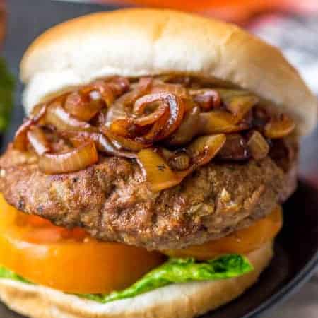 Tasty air fryer hamburgers Tasty air fryer hamburgers close up with onions