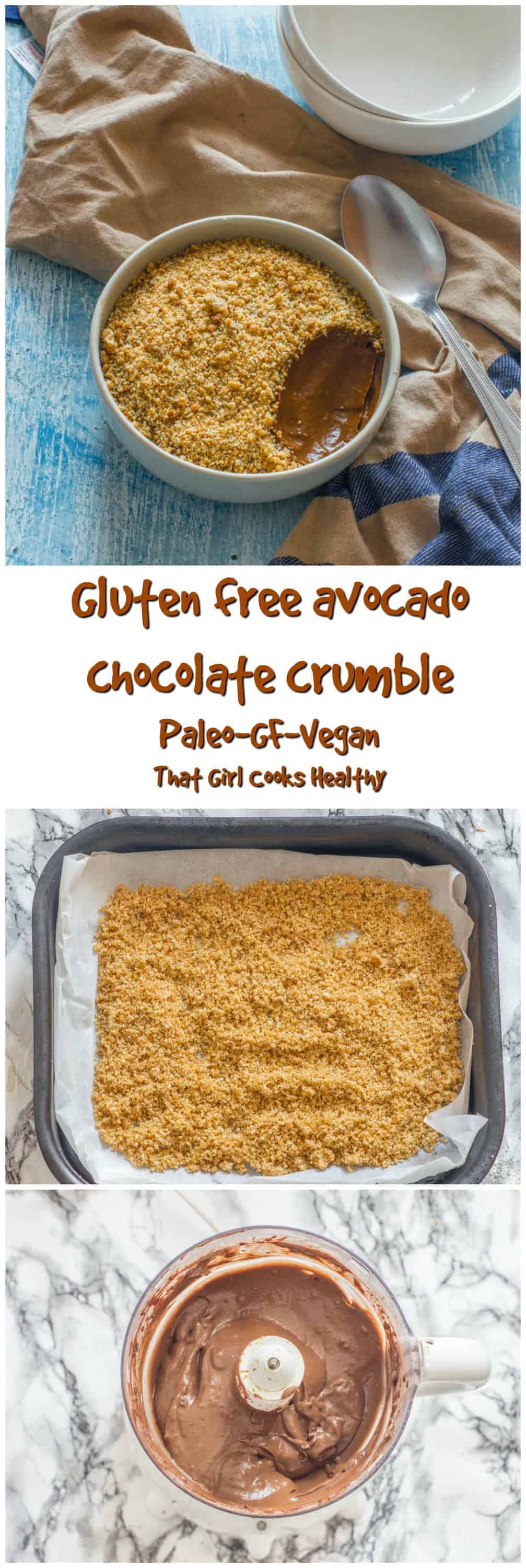 Decadent gluten free avocado chocolate crumble topped with a vegan and paleo friendly almond meal topping