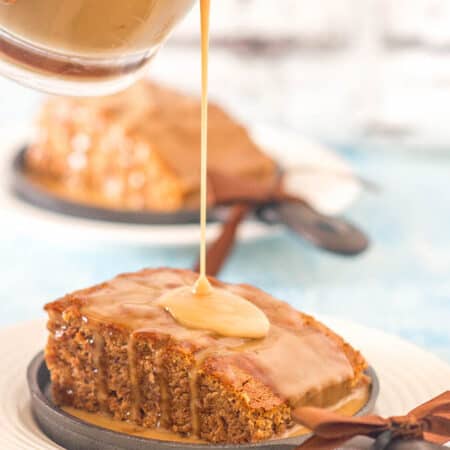 Pouring sauce onto pudding