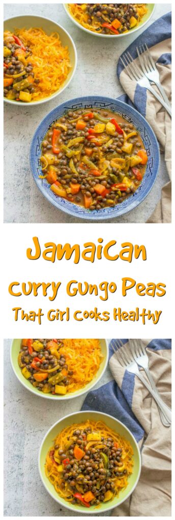 Delicious Jamaican curry is made using gungo peas on a bed of butternut squash noodles
