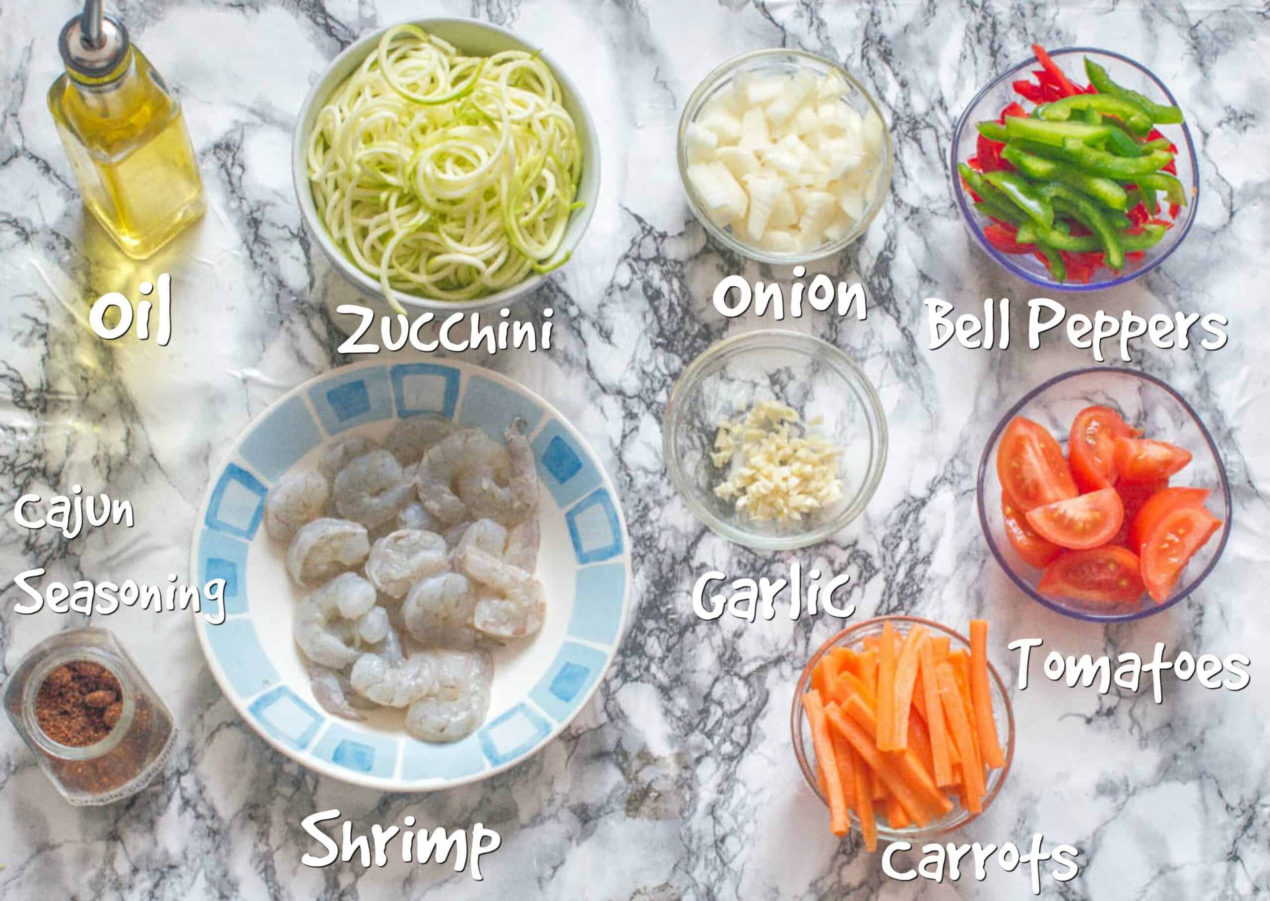 ingredients of cajun shrimp with zoodles