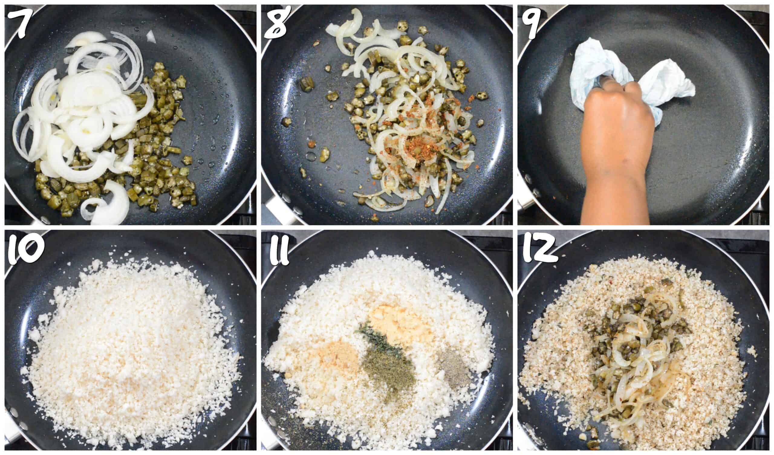 steps7-12 cooking the cauliflower rice, spices and okra