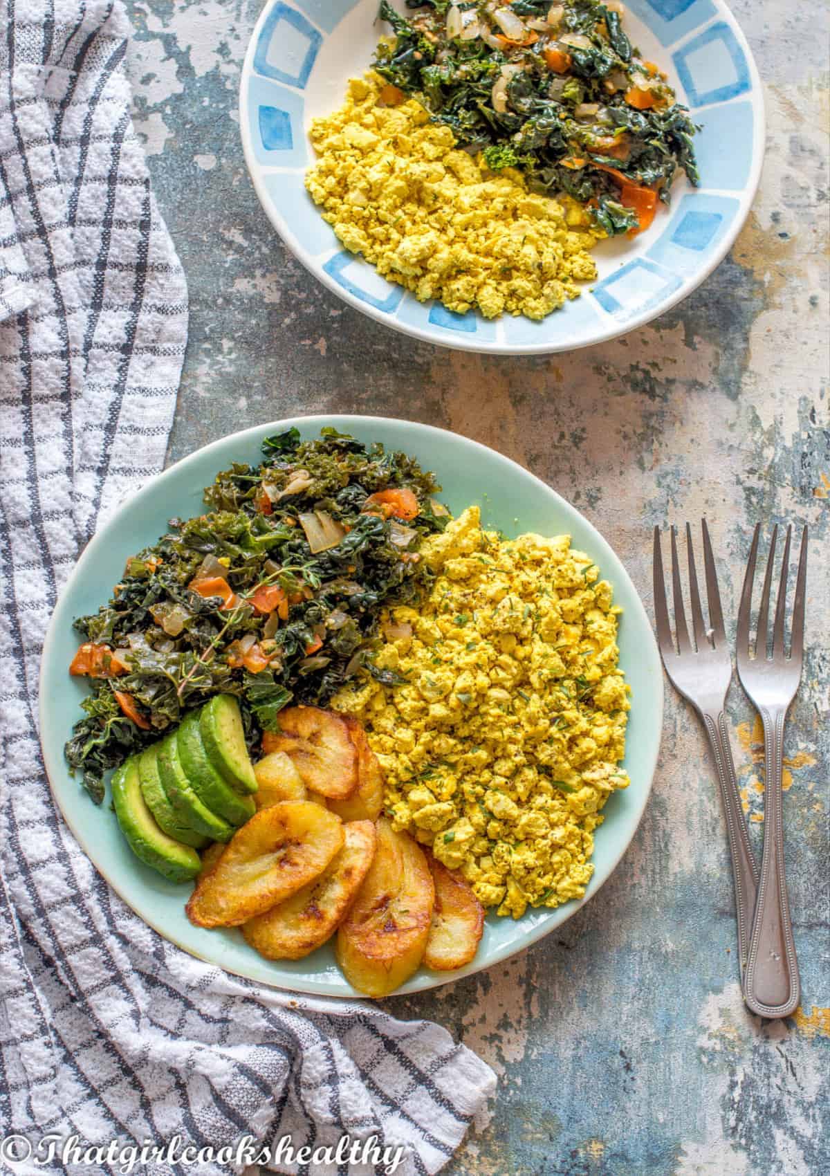 Plate of greans, tofu, plantain and avocado