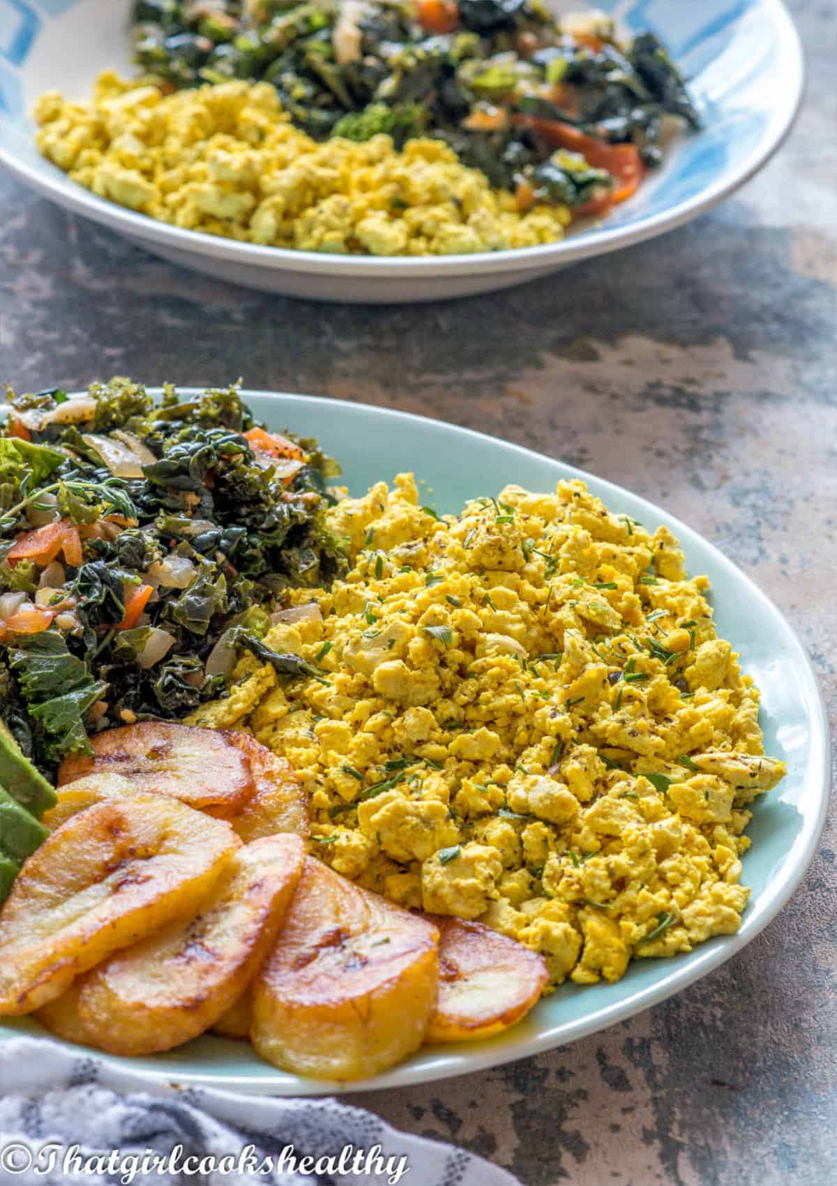 tofu, plantain, avocado and greens