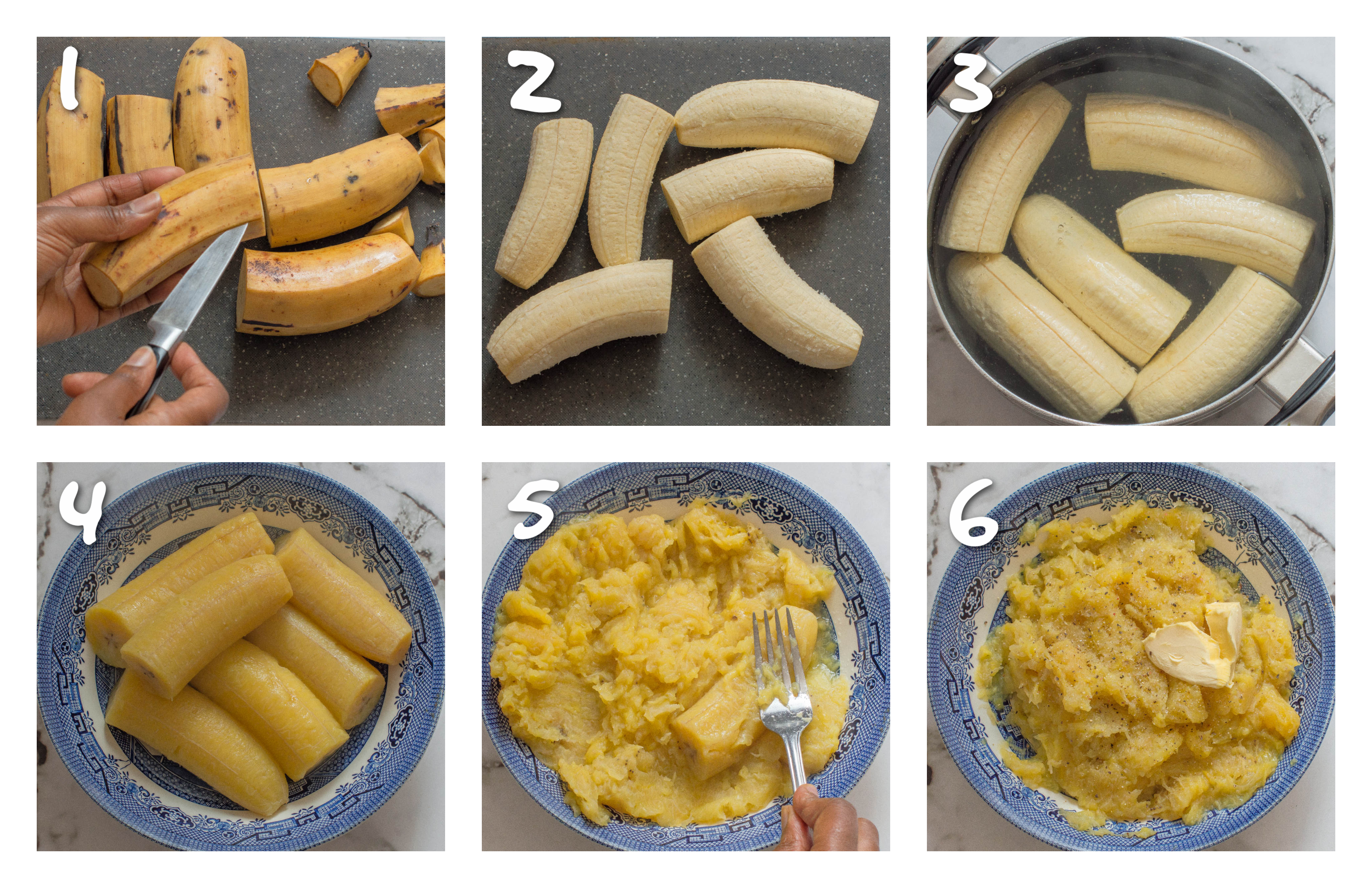 steps1-6 the process of mashing plantain