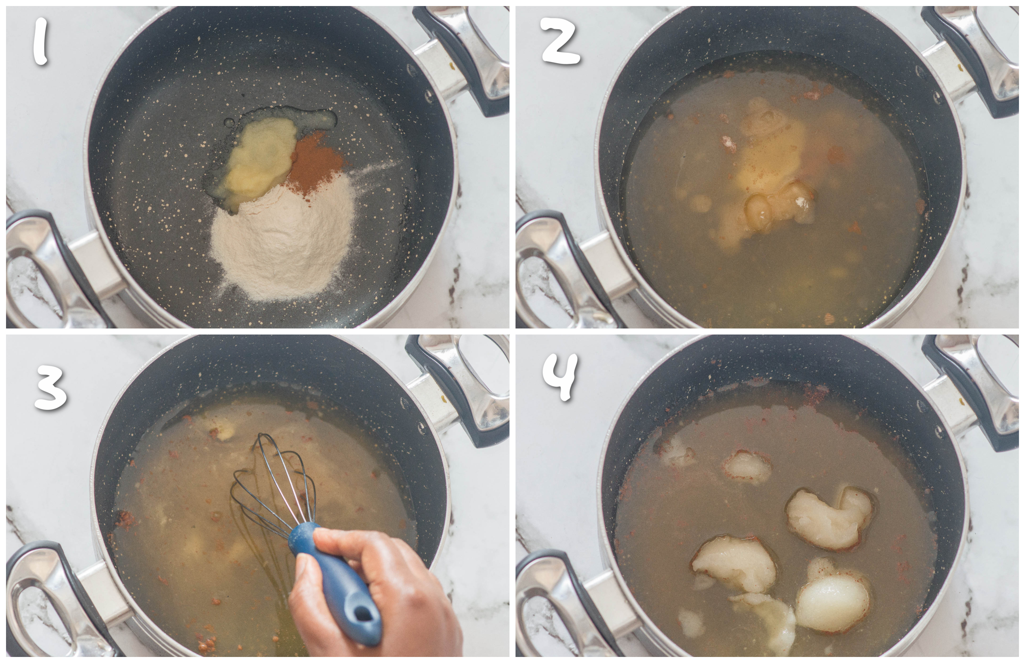 steps1-4 adding the agar gar, ginger, juice, gel and cinnamon to the saucepan