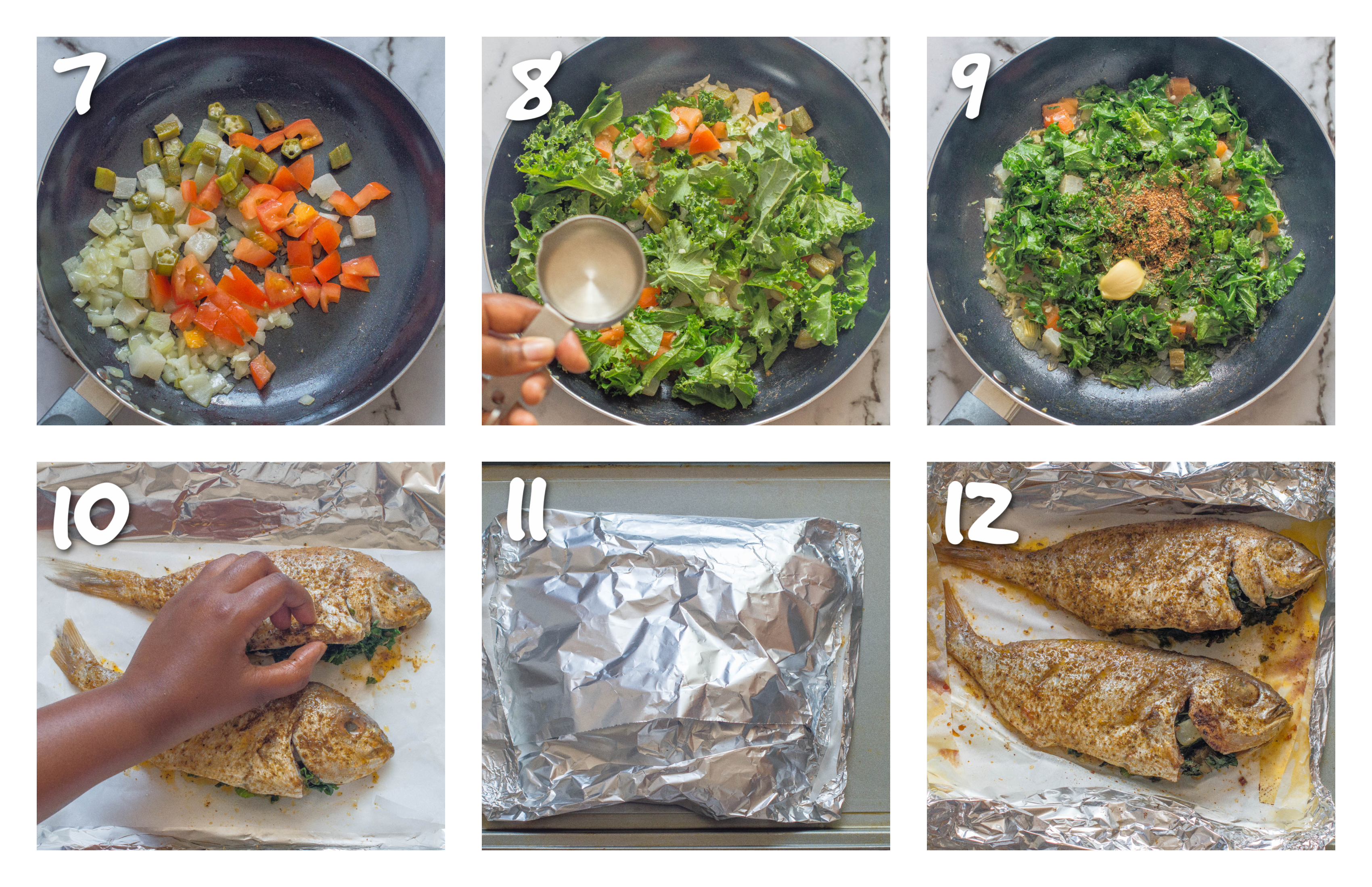 steps7-12 steaming the vegetable stuffing then baking the fish