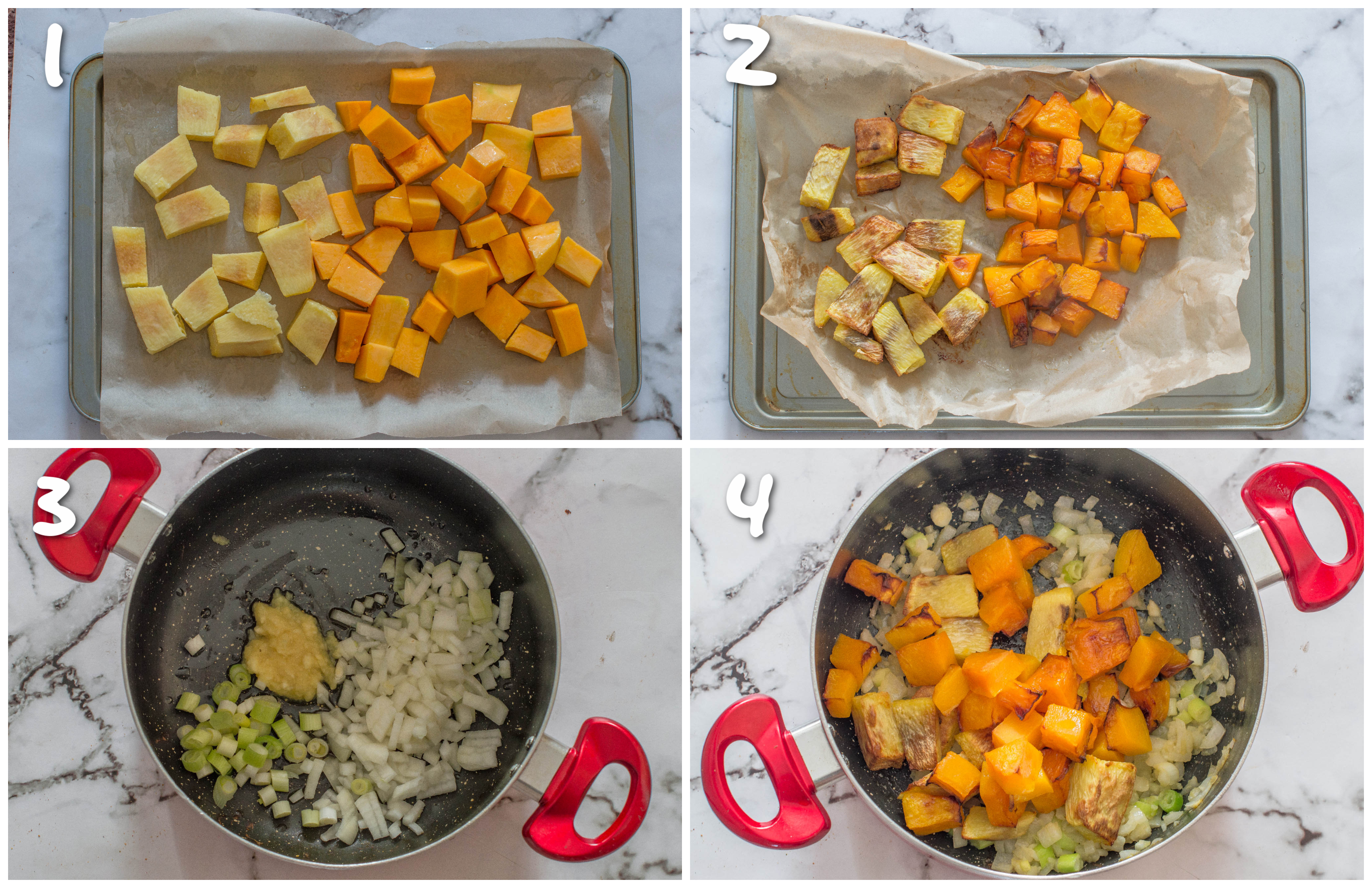 Steps 1-4 roasting the pumpkin and yellow yam