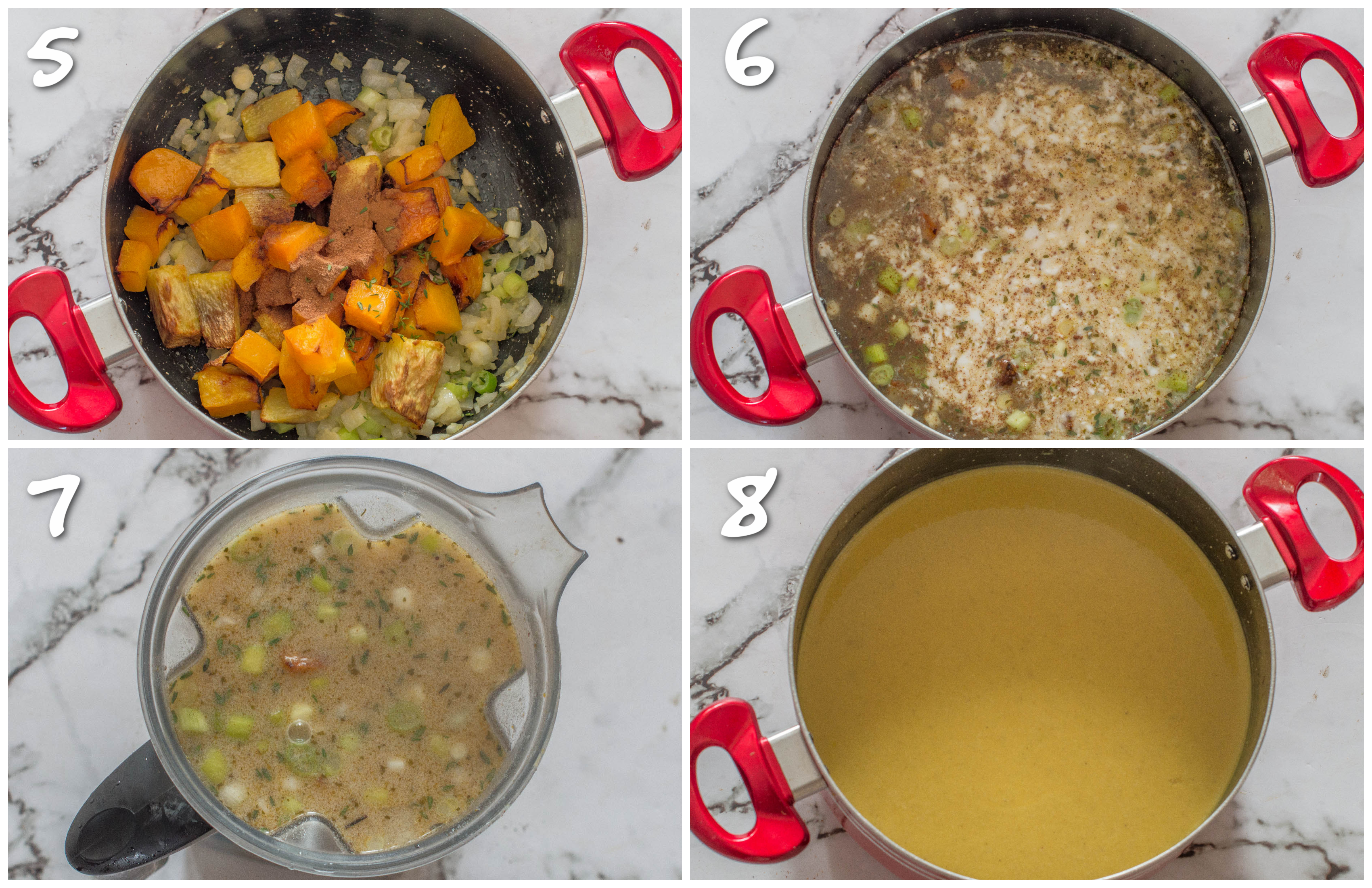 Steps 5-8 sauteing, simmering and blending the soup