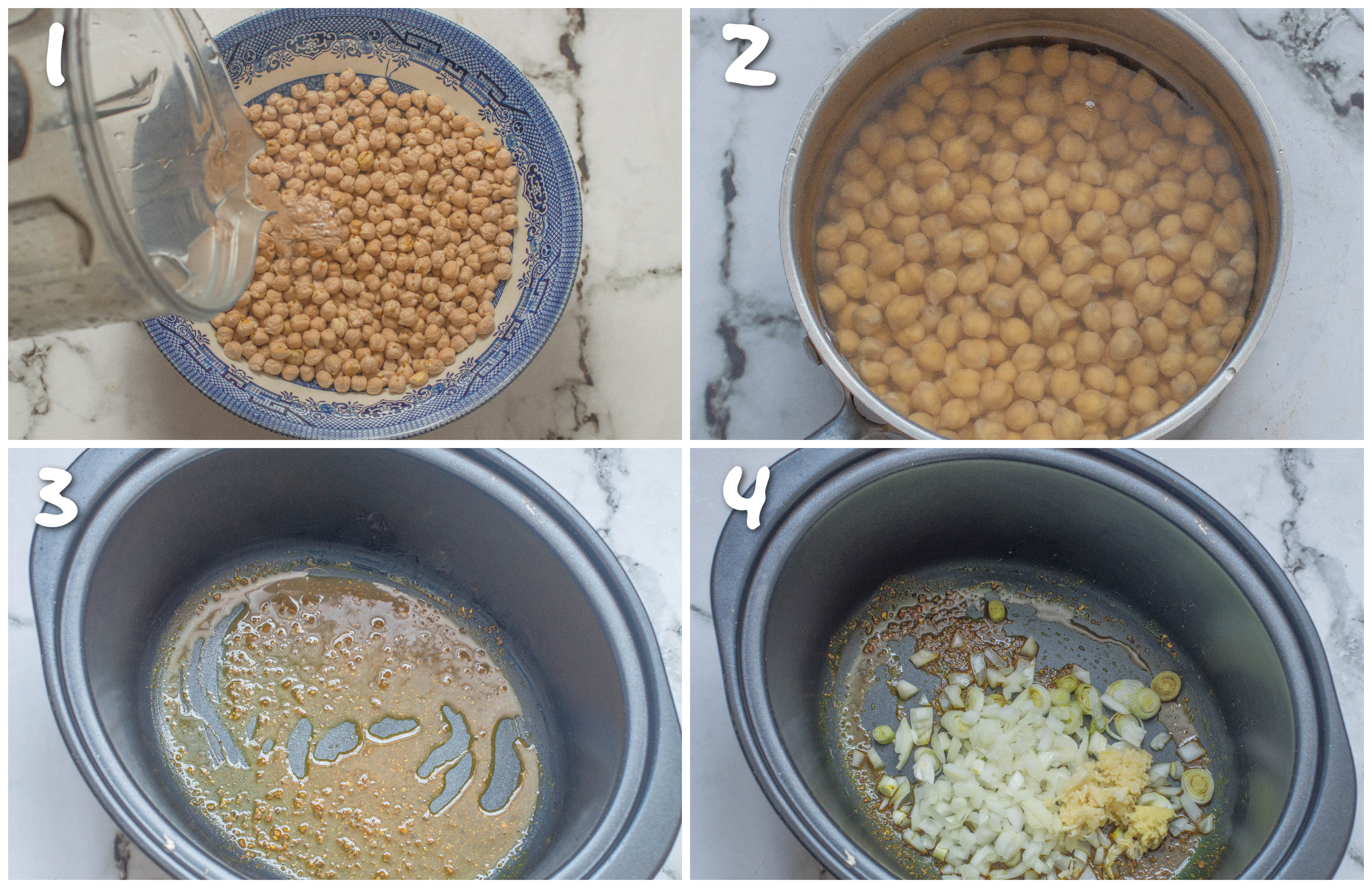 Steps 1-4 soaking, par boiling the chickpeas and sauteing the vegetables