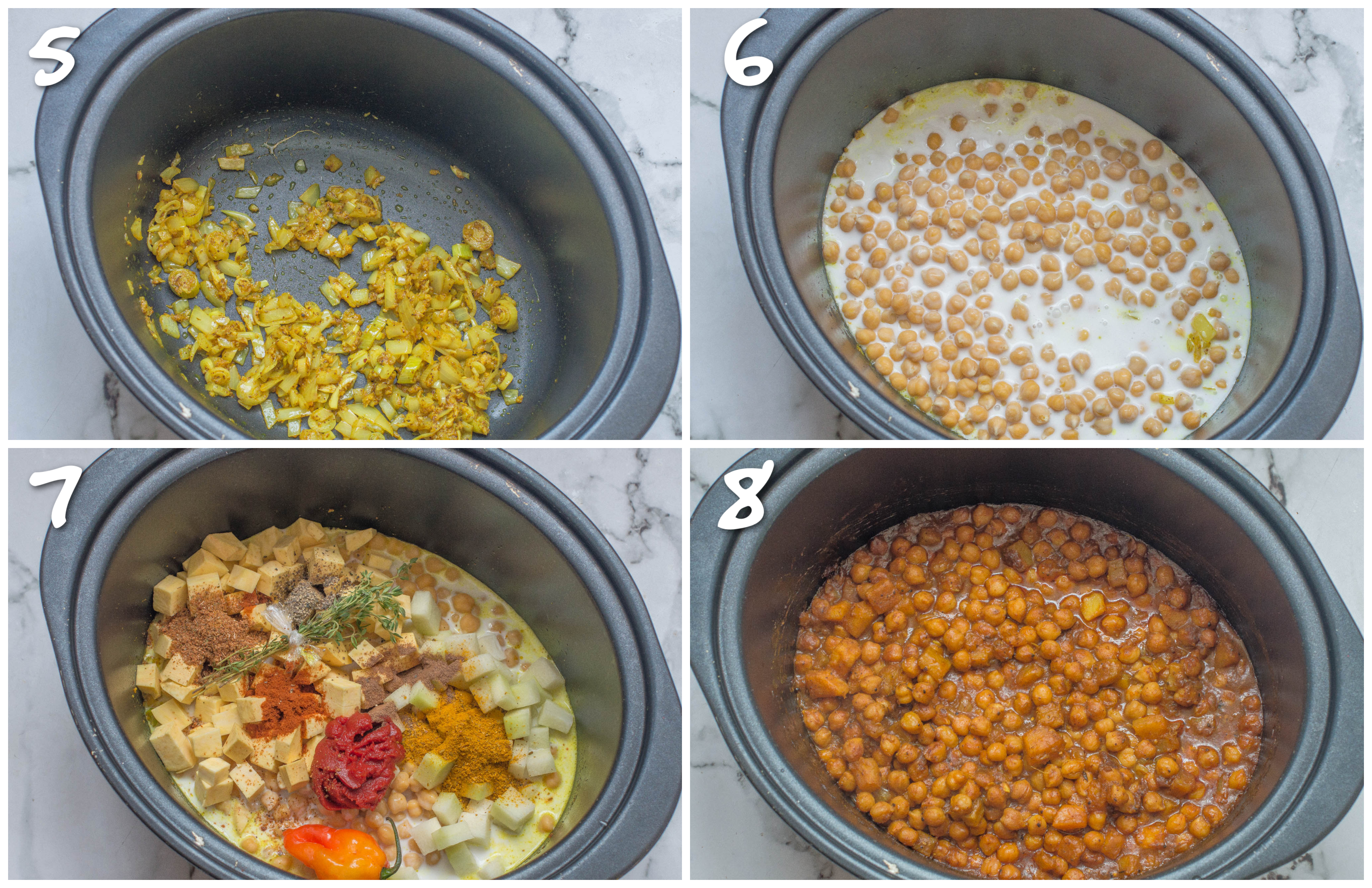 Steps 5-8 adding the chickpeas, coconut milk, herb and spices to the slow cooker