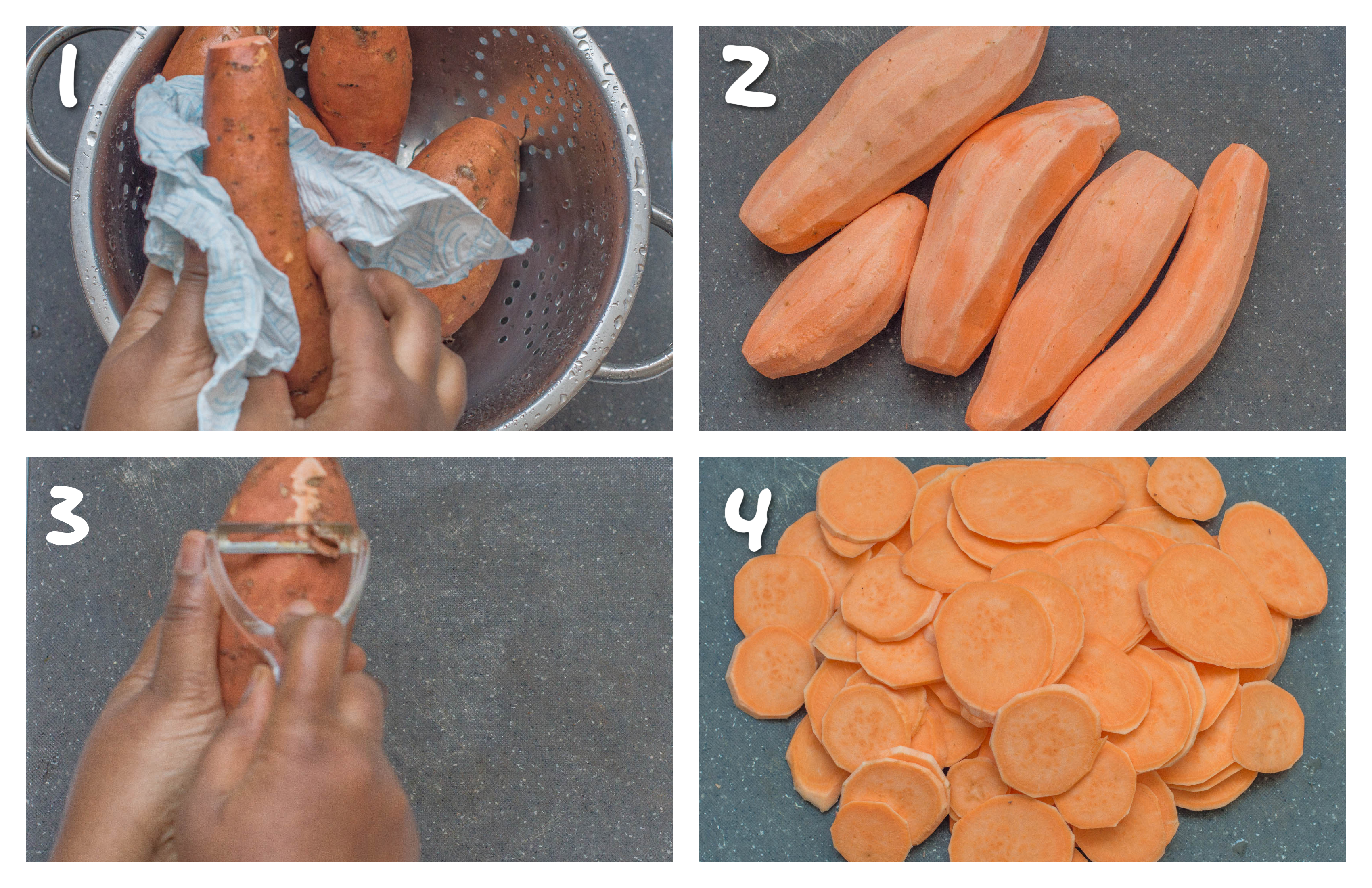 Steps 1-4 peeling the sweet potatoes and slicing them