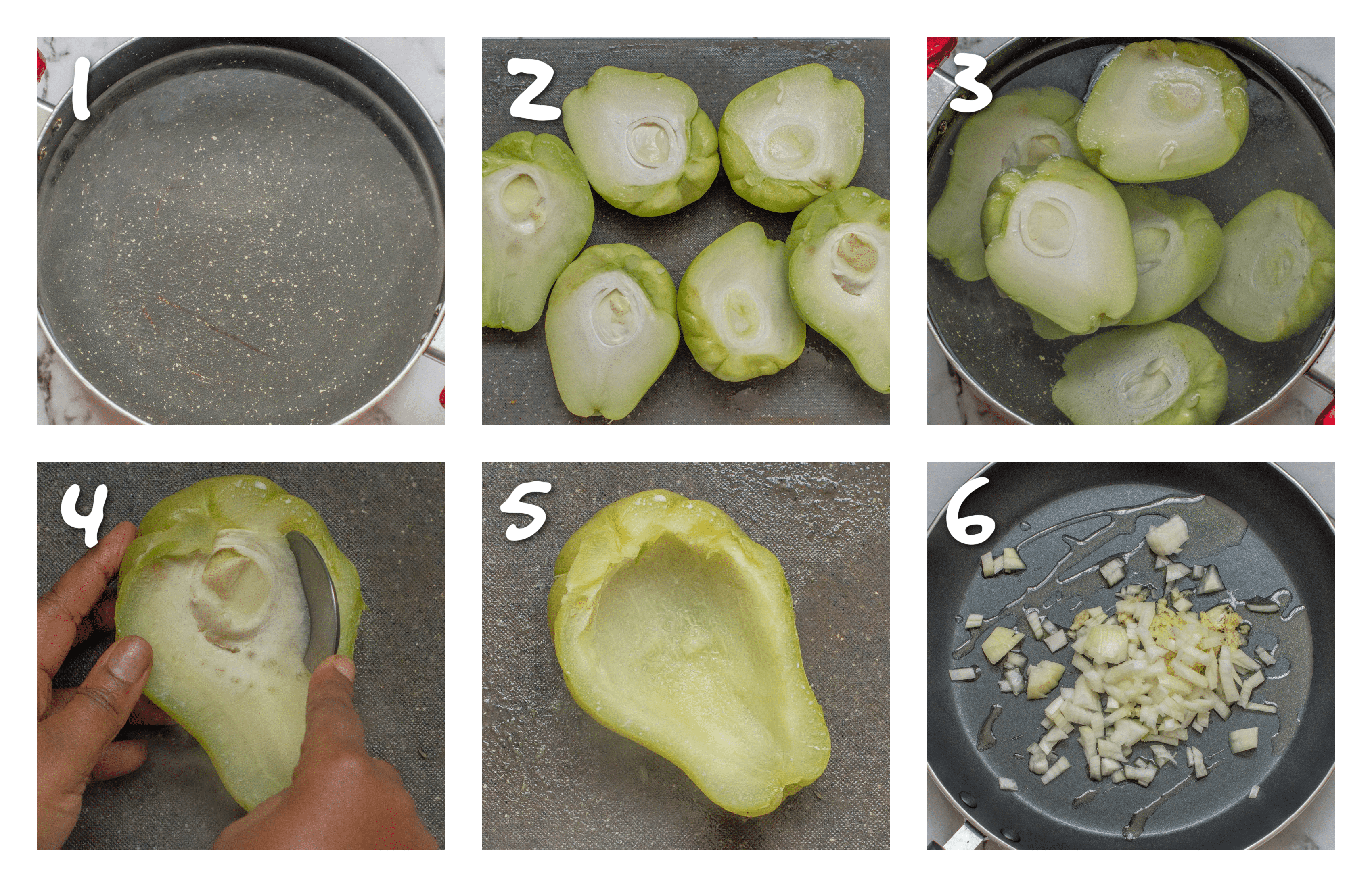 steps 1-6 boiling the christophine and scooping out the flesh