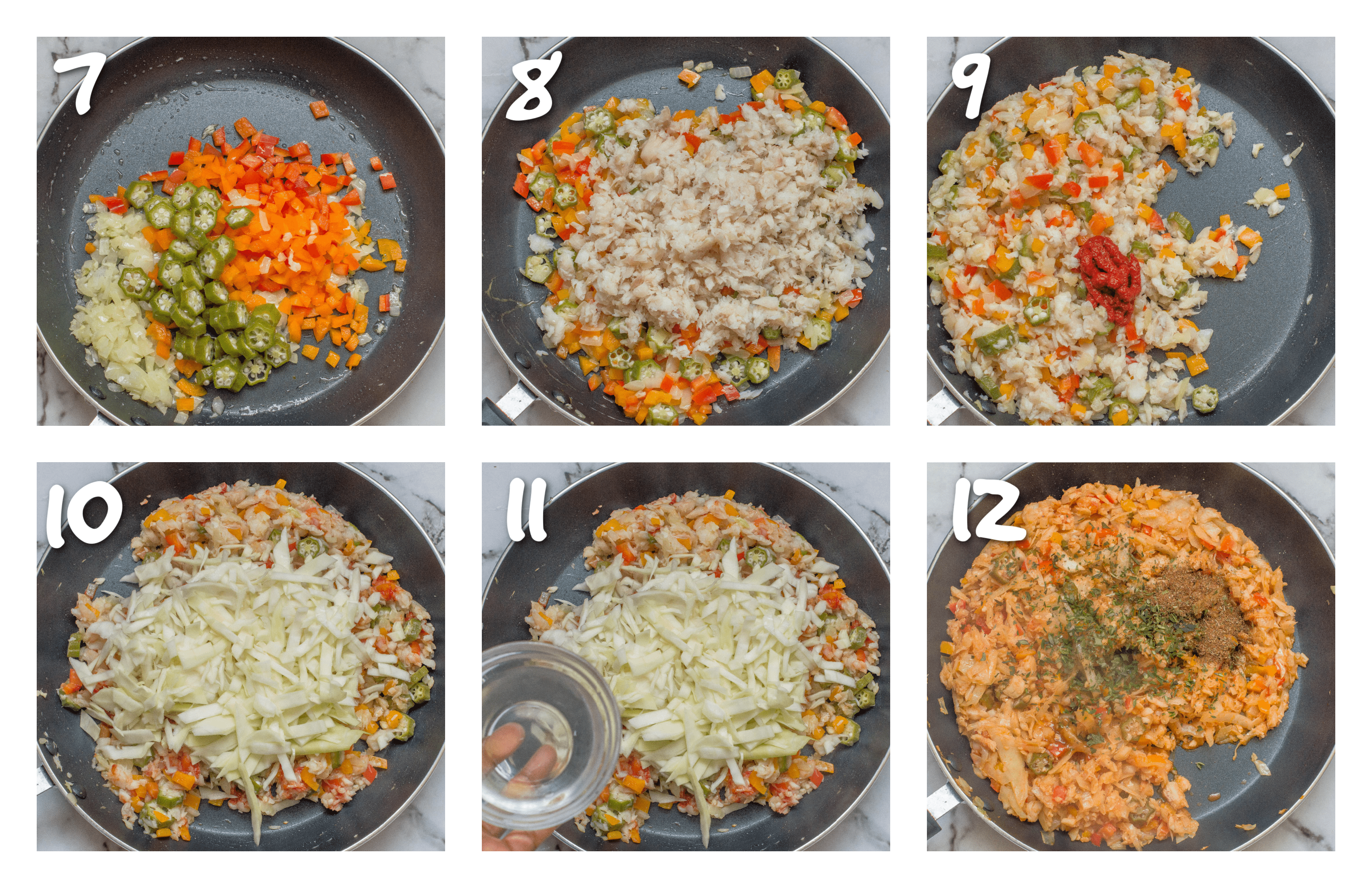 steps 7-12 sauteing the vegetables and saltfish