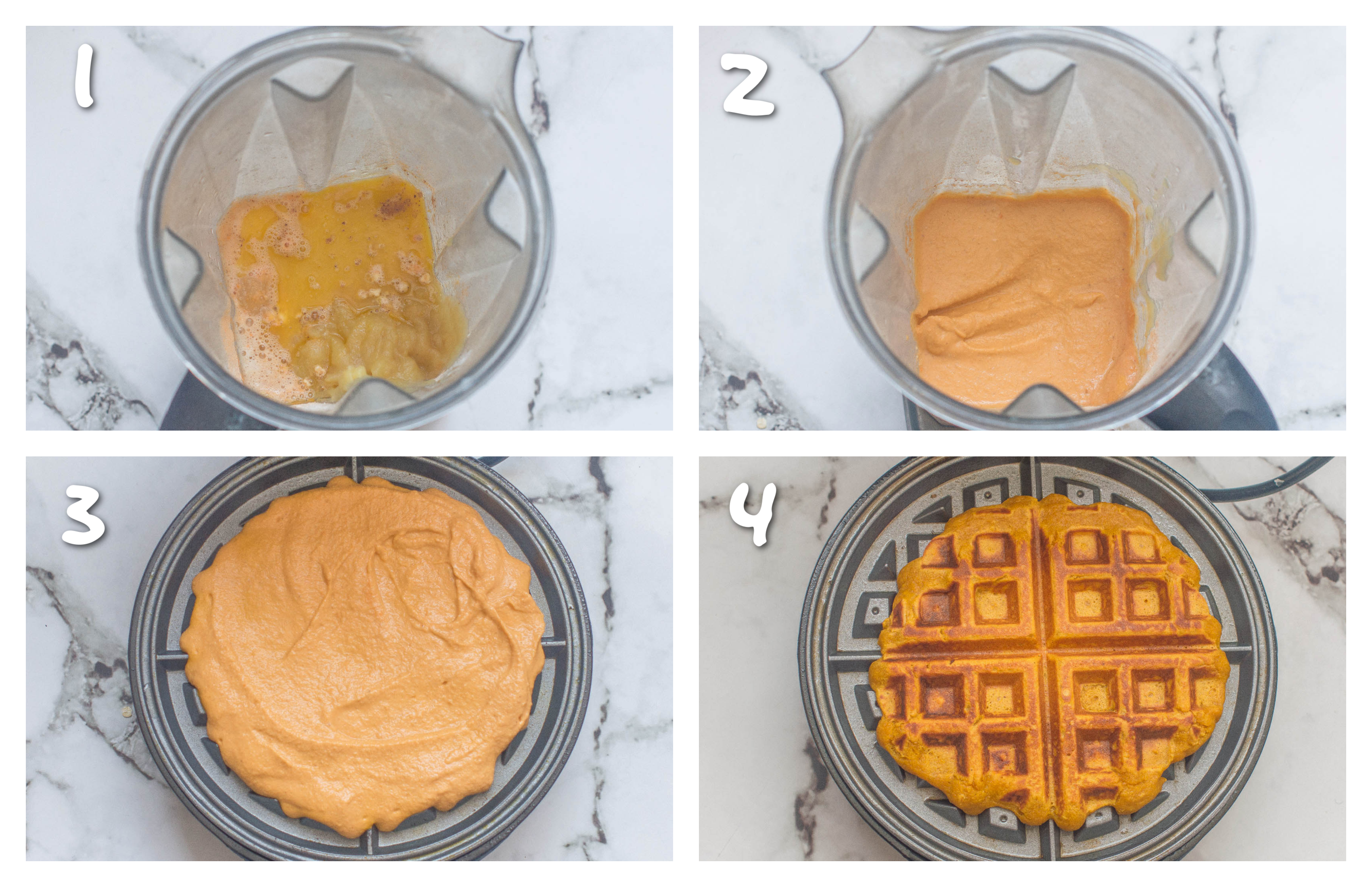 Steps 1-4 making the waffle batter and cooking the waffles on a iron