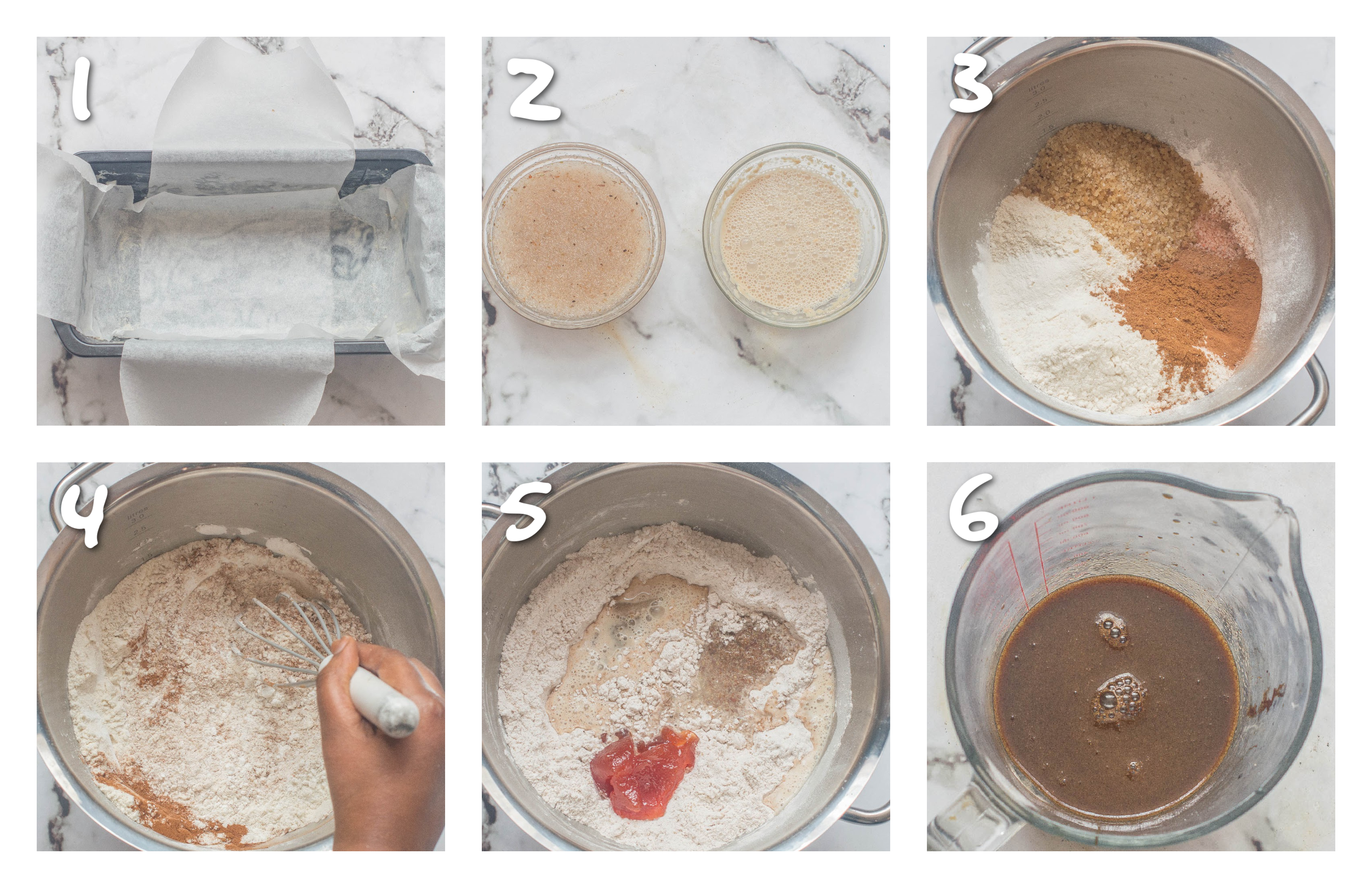 steps 1-6 Greasing the baking tin and adding dry ingredients to the bowl 