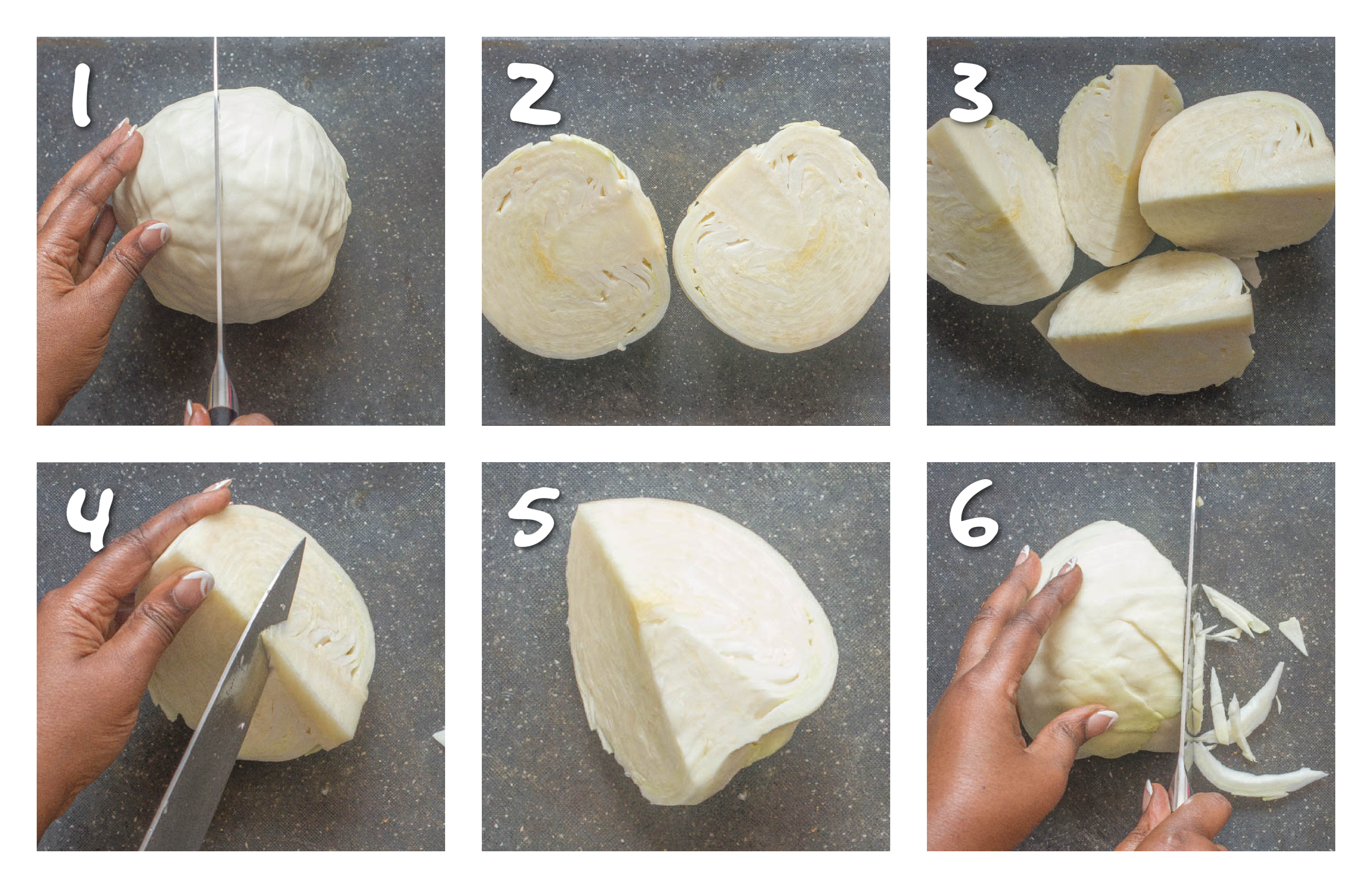 steps 1-6 how to cut cabbage for coleslaw