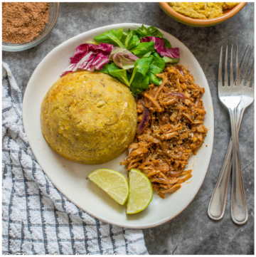 mofongo with salad and vegan meat