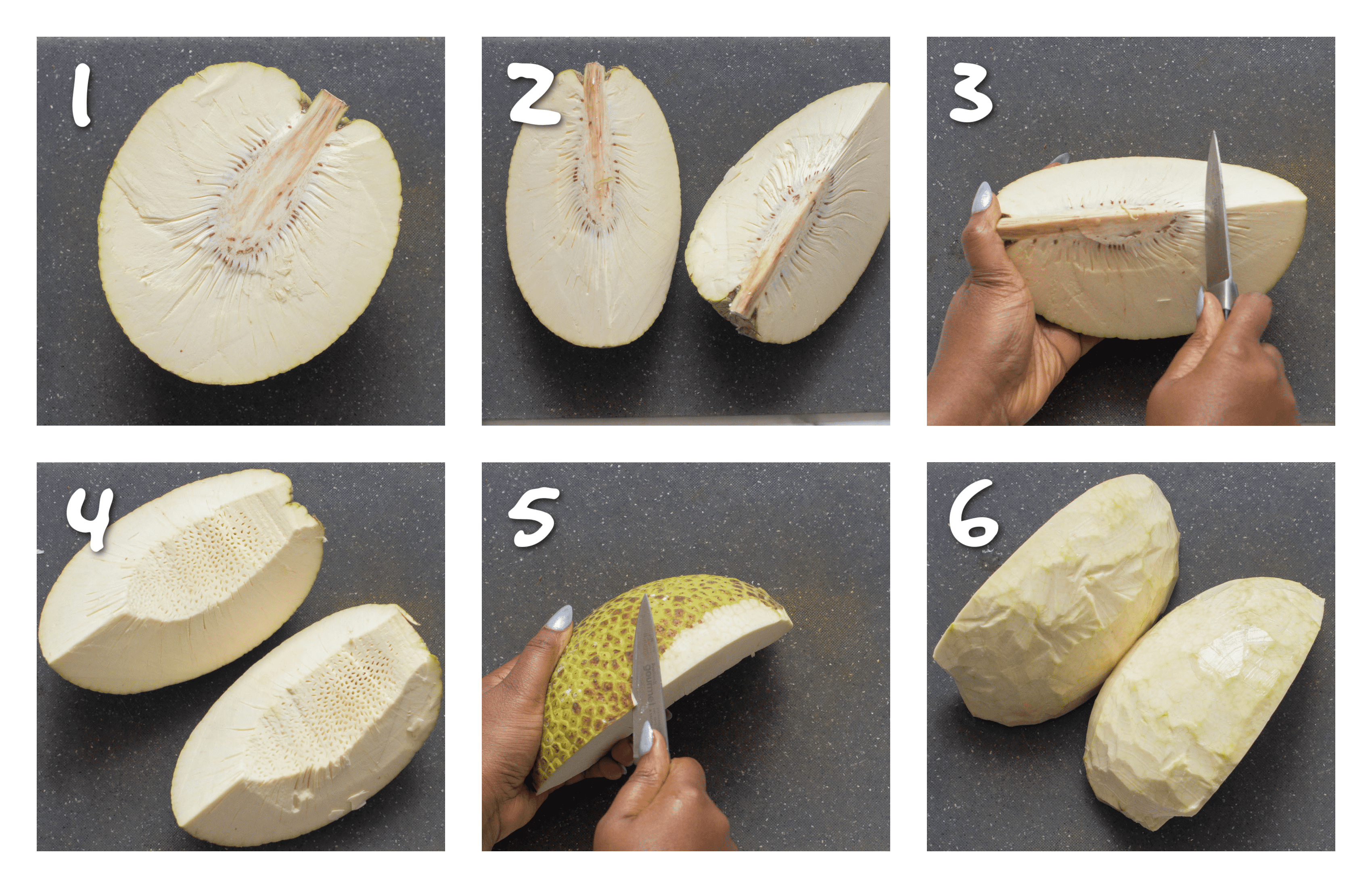 steps 1-6 Removing the core and peeling the breadfruit
