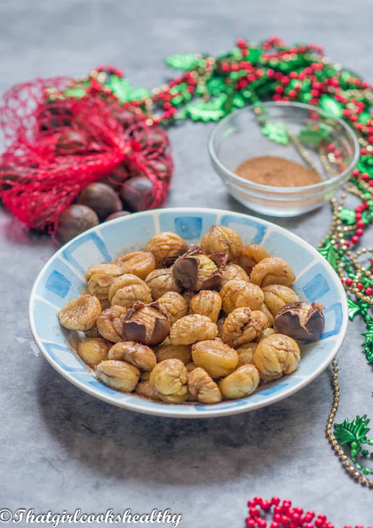 Chestnuts in a blue dish with decor