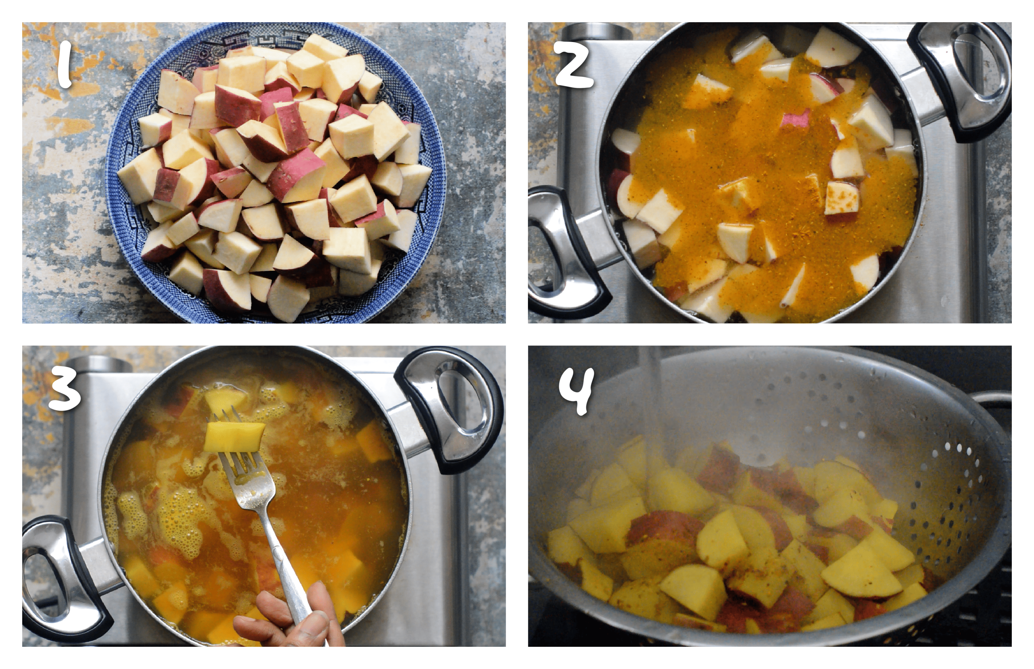 Steps 1-4 parboiling the sweet potatoes