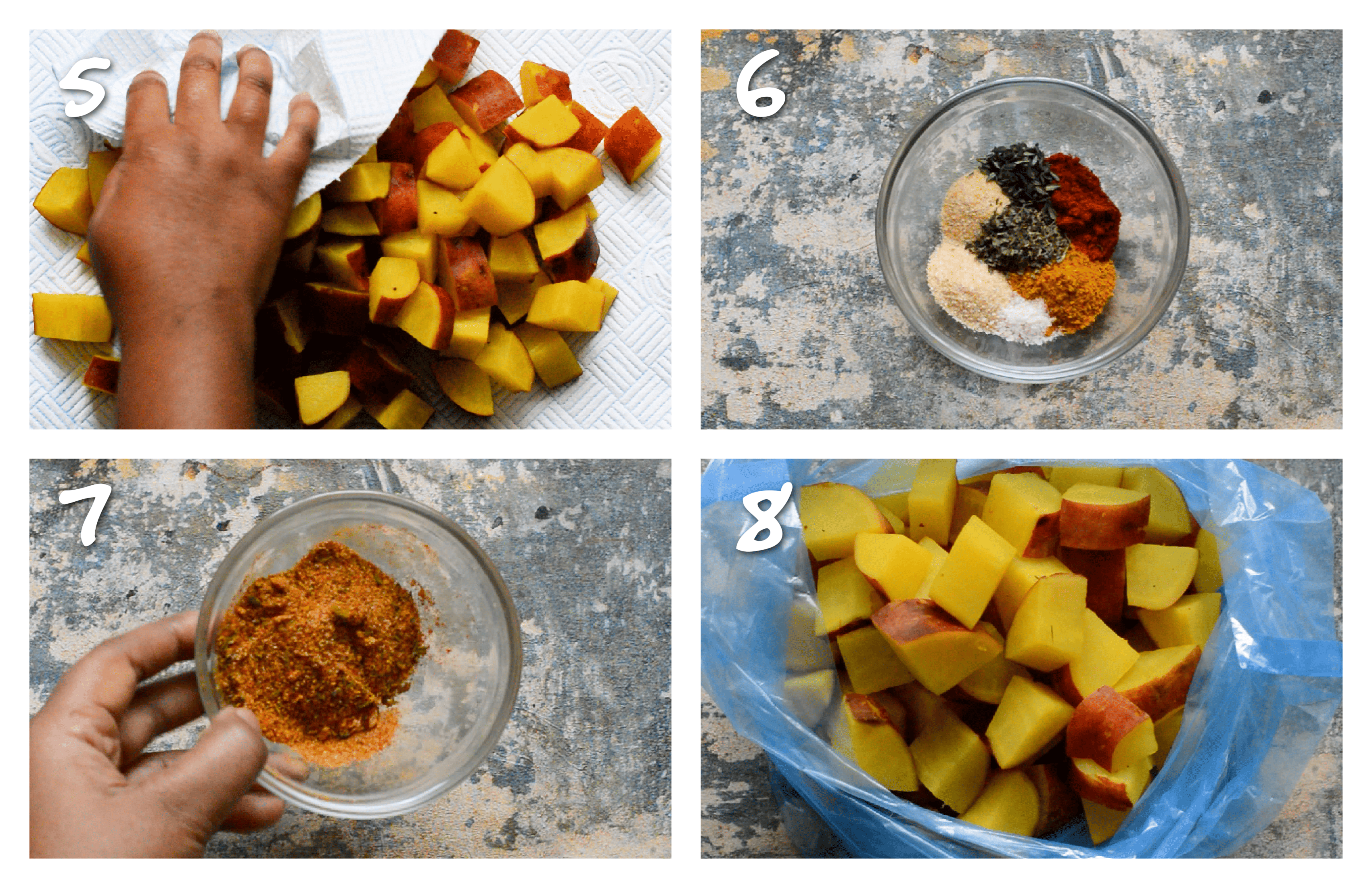 Steps 5-8 Seasoning the sweet potatoes