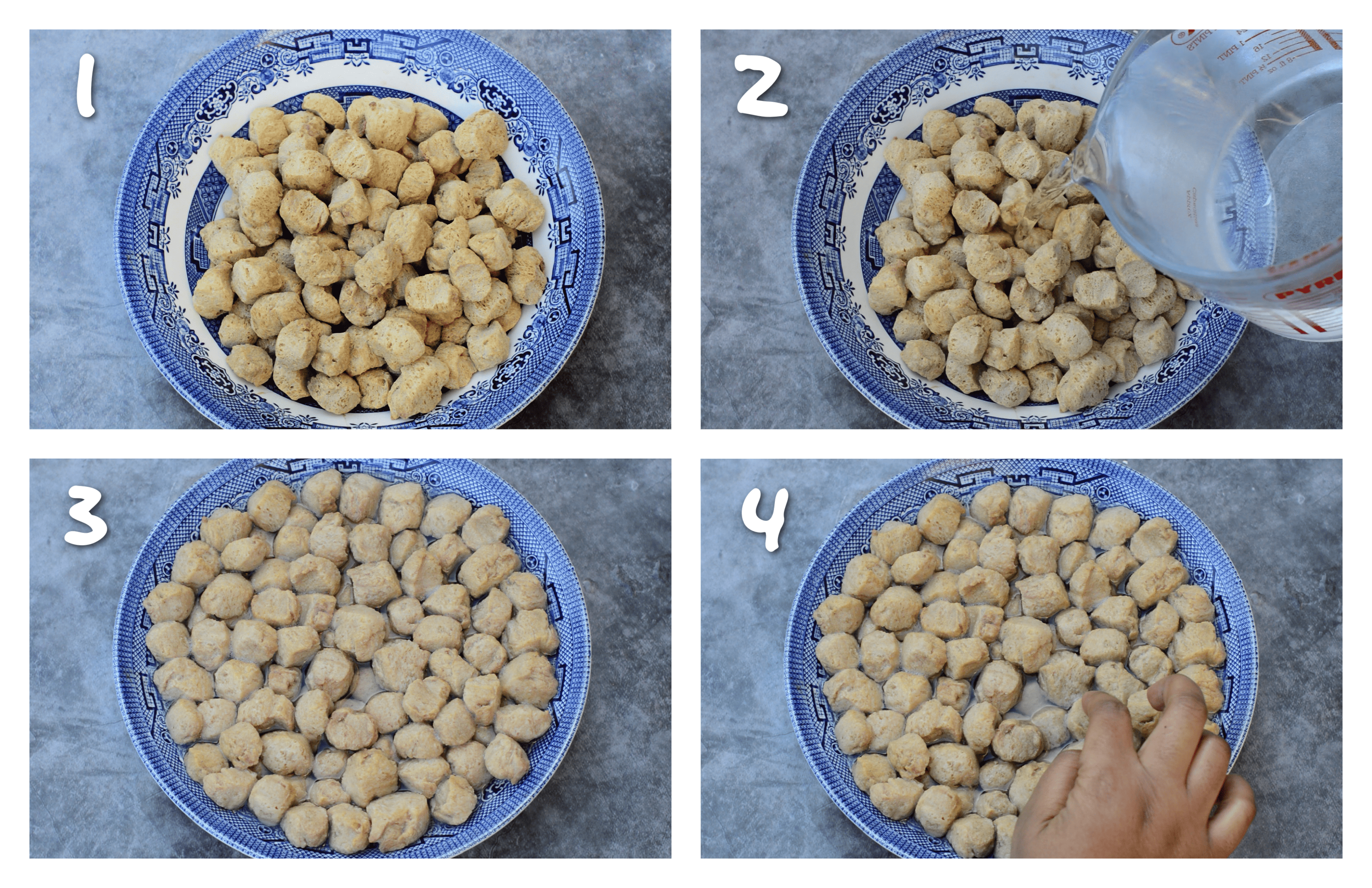 Steps 1-4 Rehydrating the soya chunks