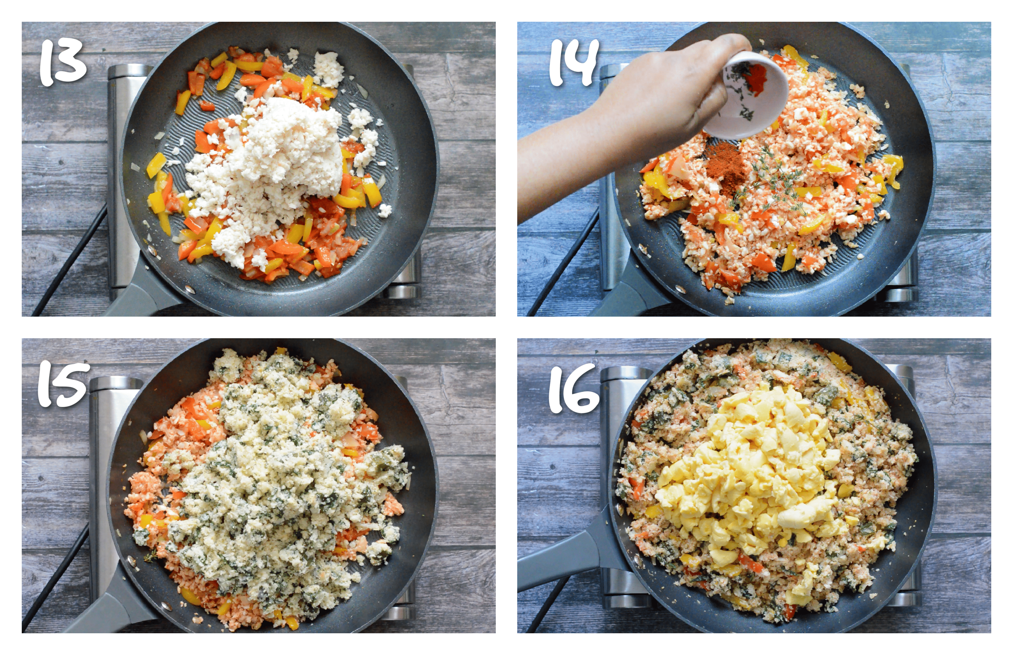 Steps 13-16 adding saltfish, rice and ackee