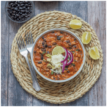 Jackfruit chilli in a bowl, overhead shot.