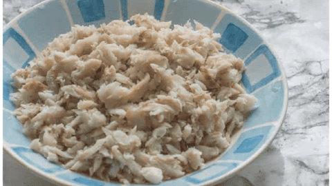 Flaked salt fish in a bowl