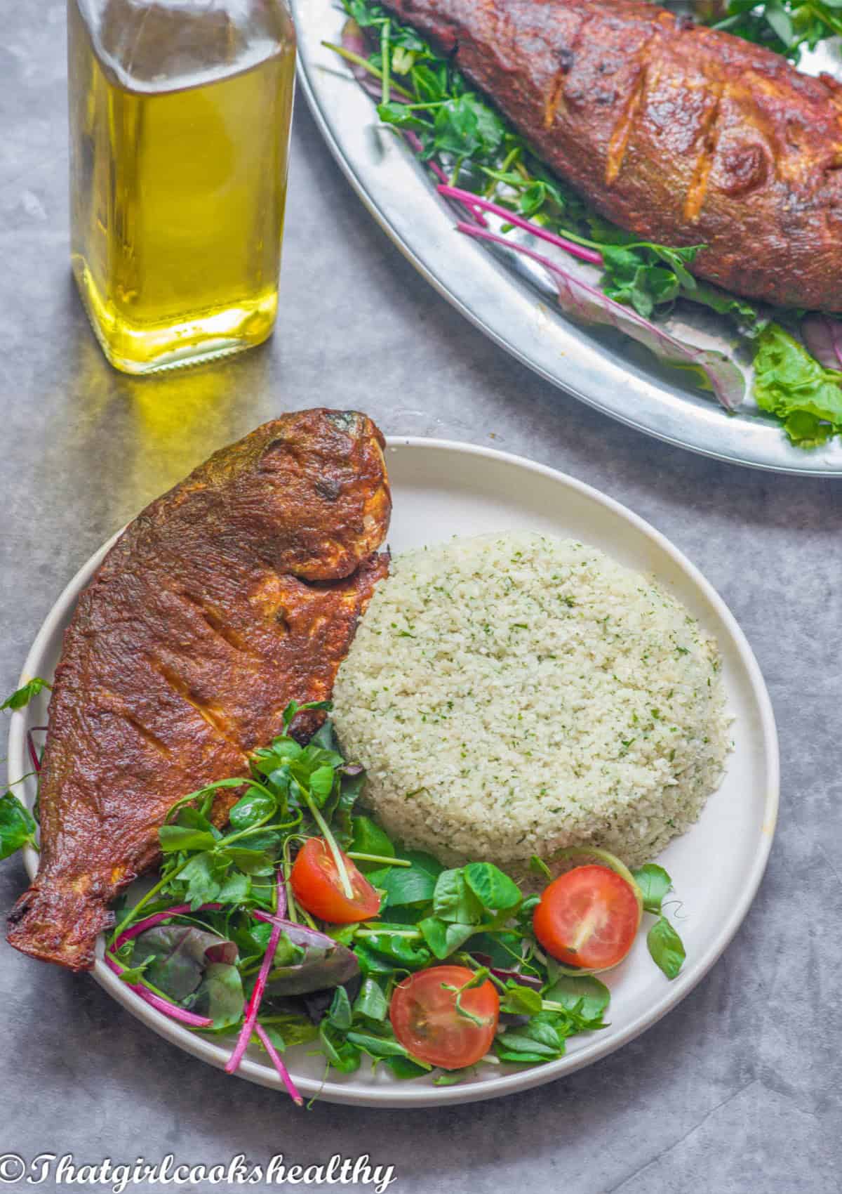 Sea bream with cauliflower rice and mixed greens