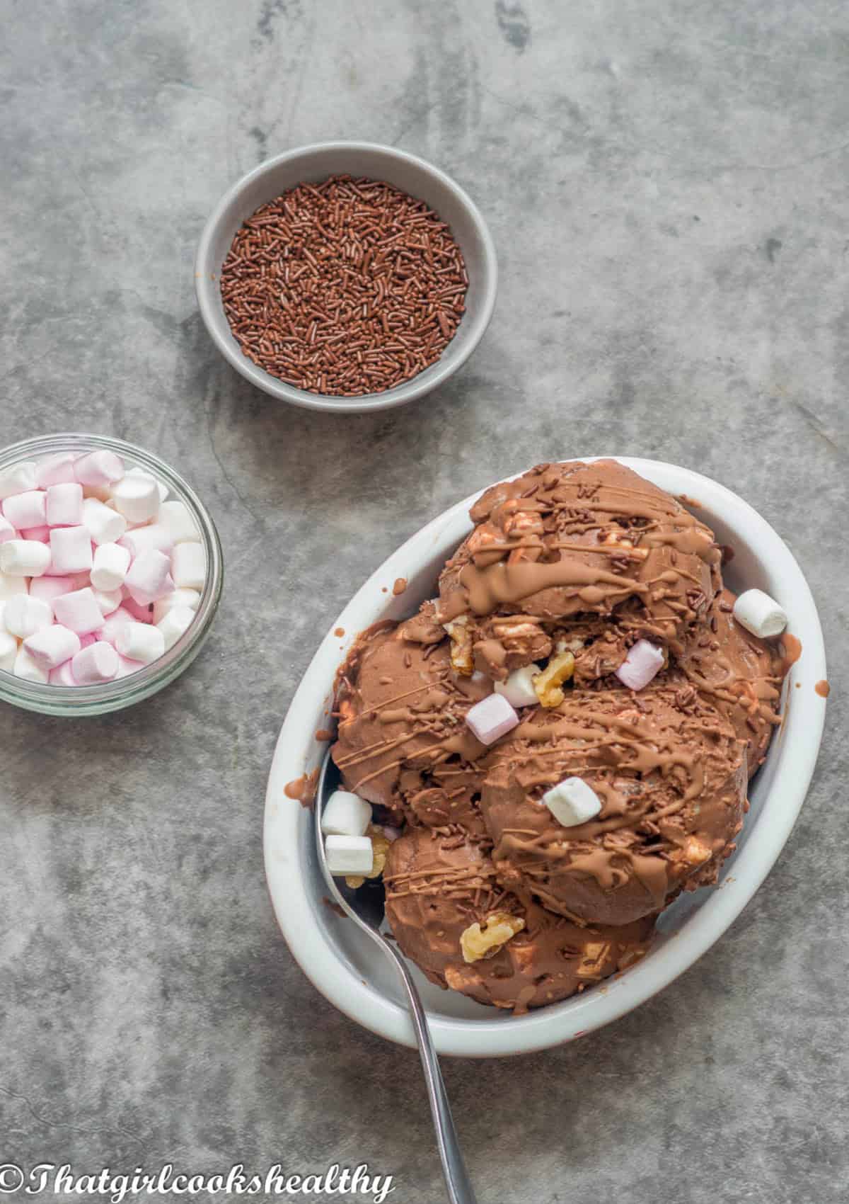 Overhead ice cream with sprinkles and marshmallows