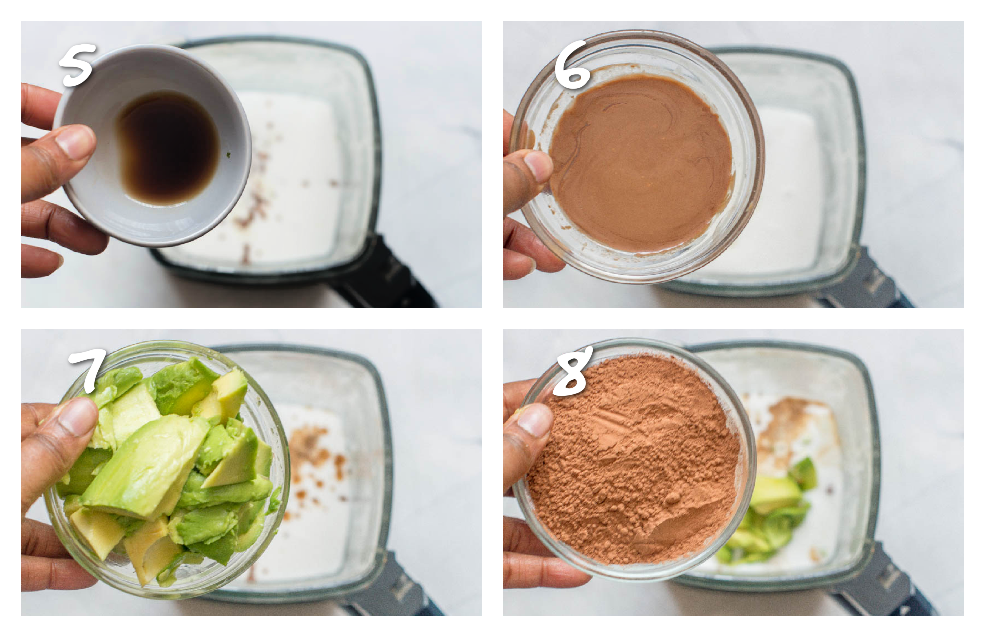 step5-8 adding vanilla, chocolate, avocado and cacao powder