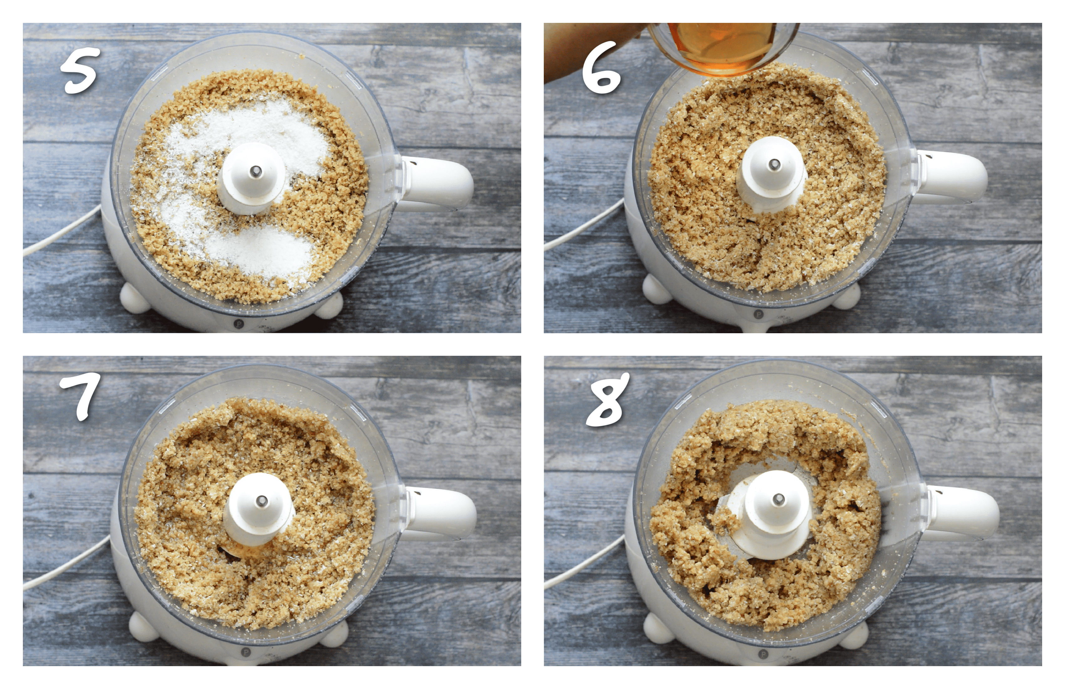steps 5-8 adding the coconut, syrup and pulsing