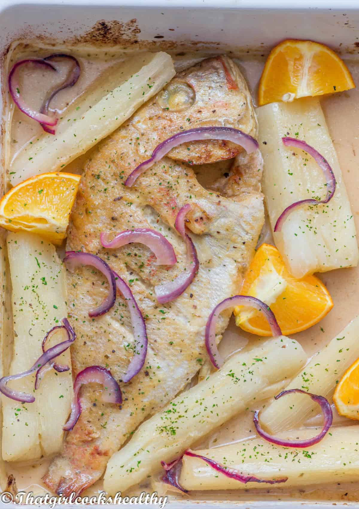 Close up of the baked snapper.