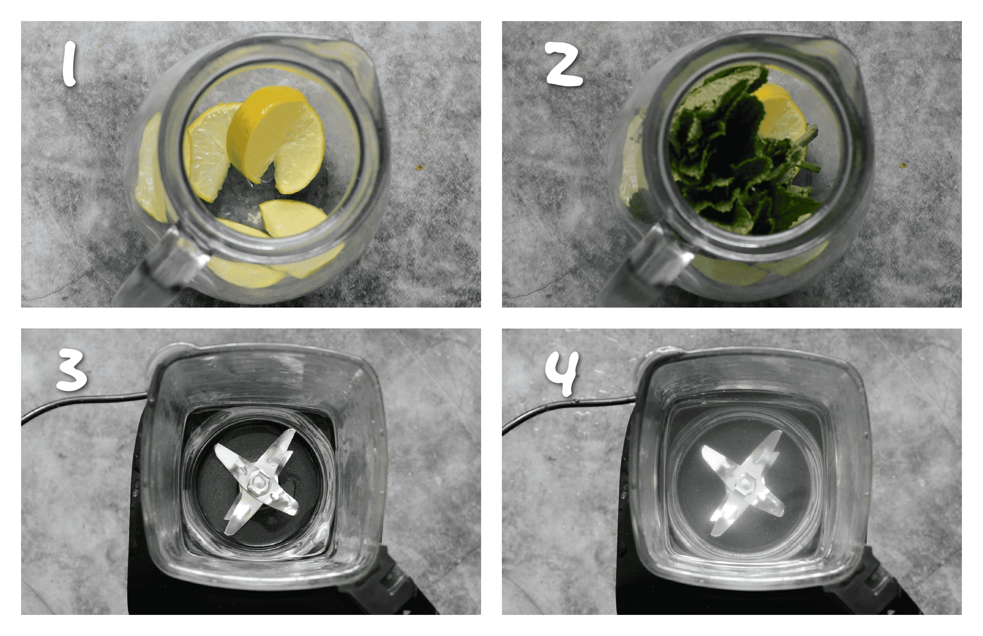 steps1-4 adding the mint leaves and lime and water