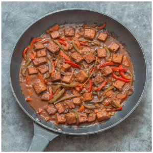 Stewed tofu in a frying pan