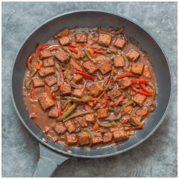 Stewed tofu in a frying pan