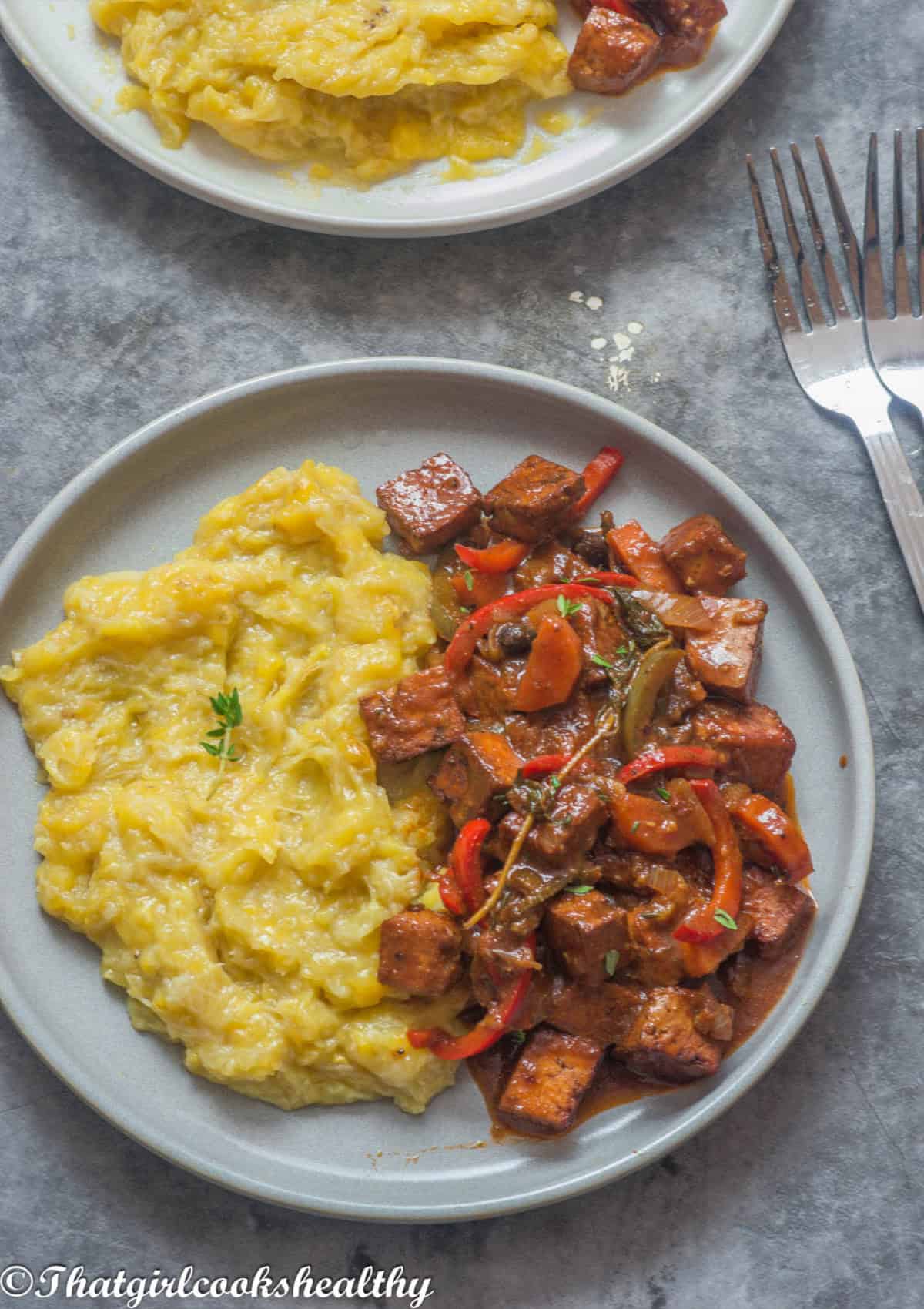 mashed plantain with stewed tofu