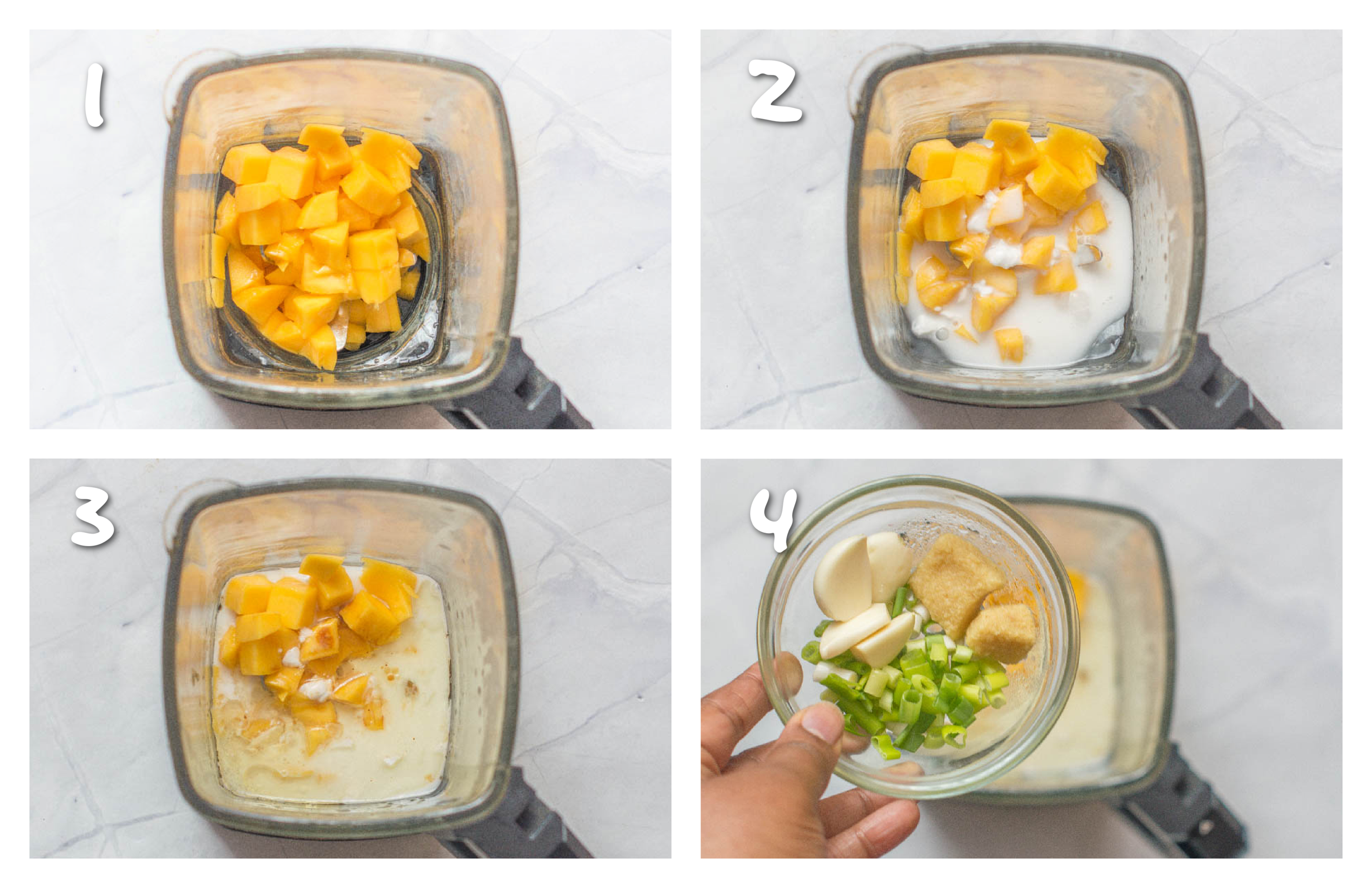 steps1-4 adding the mango and other wet ingredients to the blender