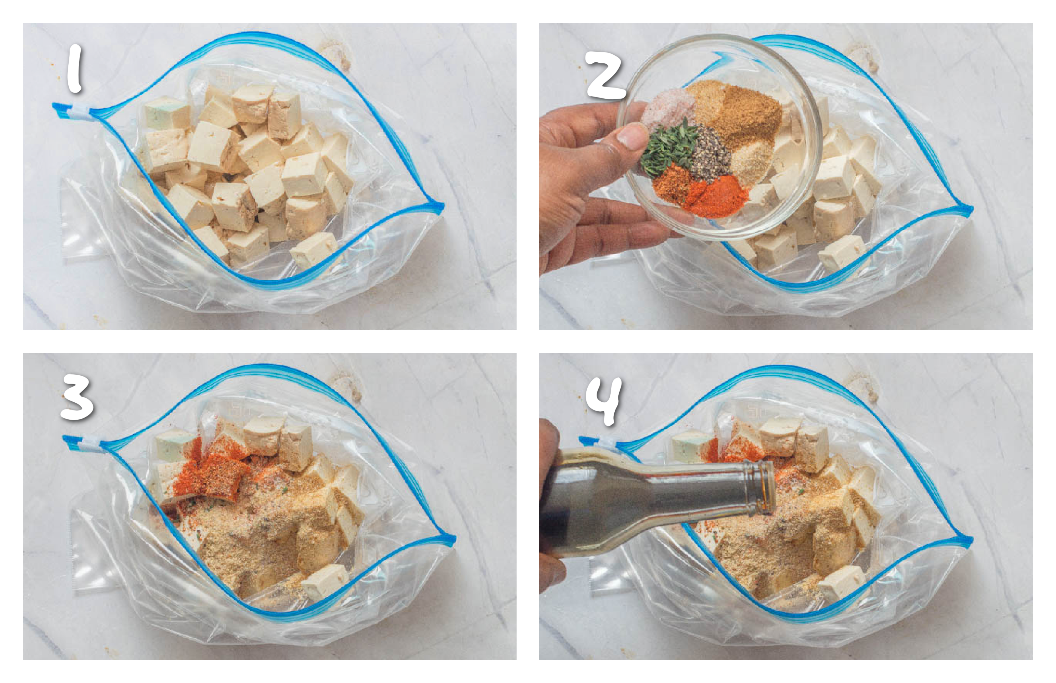 steps1-4 adding tofu, seasoning and browning to a zip lock bag