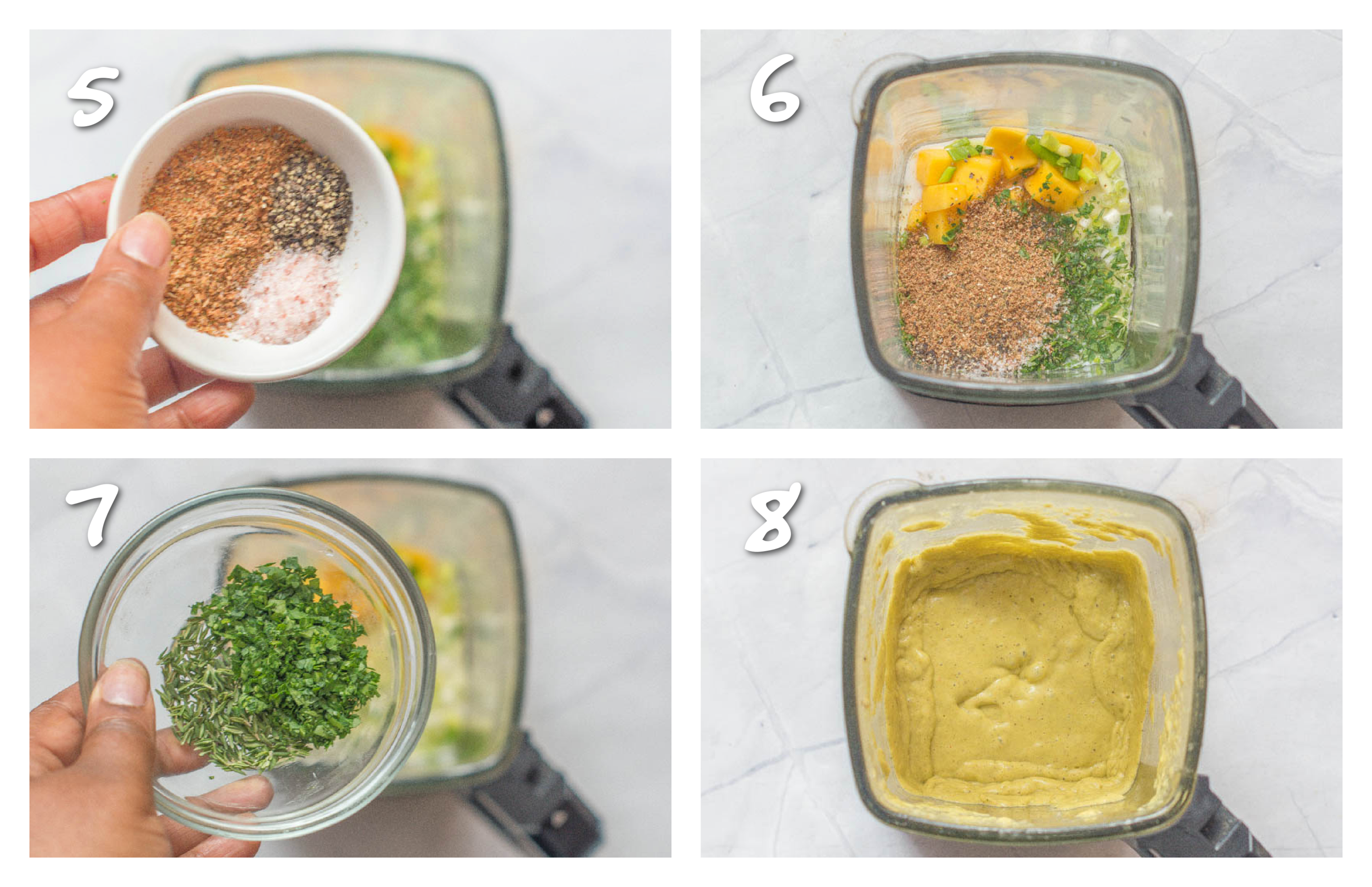 steps5-8 adding the dry ingredients then blitzing everything