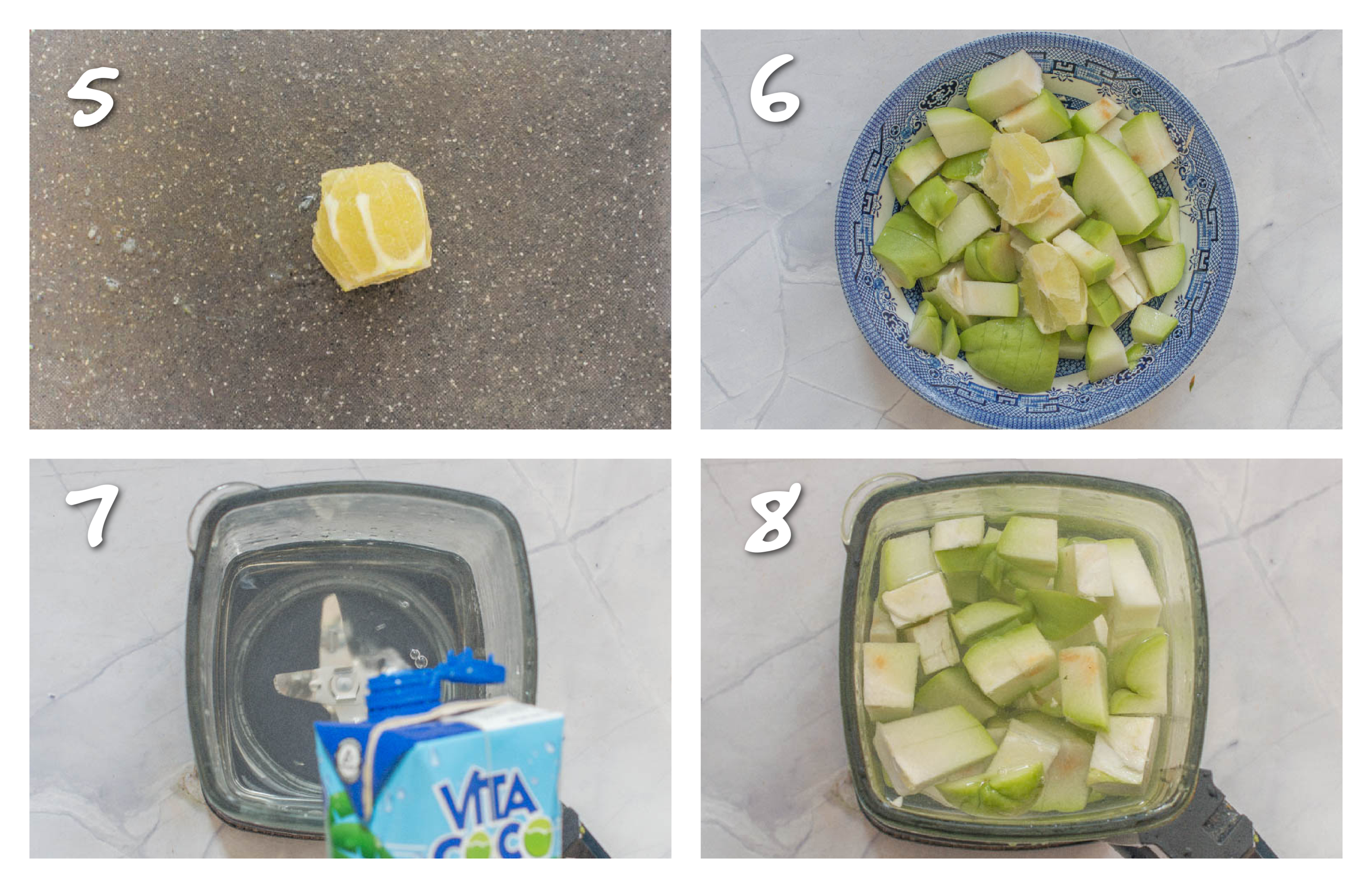 steps5-8 putting the cho cho and coconut water in the blender