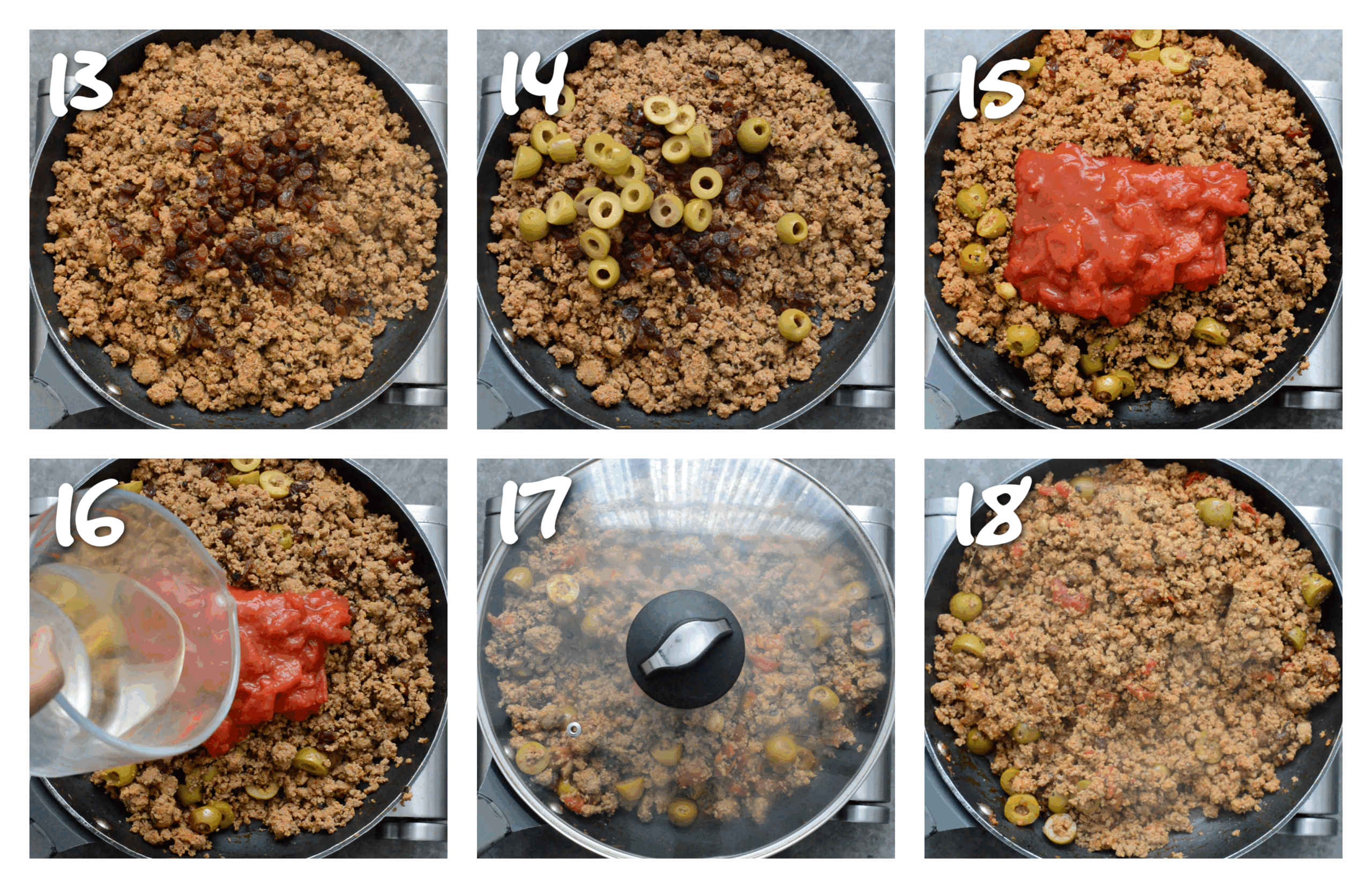 step13-18 adding olives, raisin and tomaoes to the pan