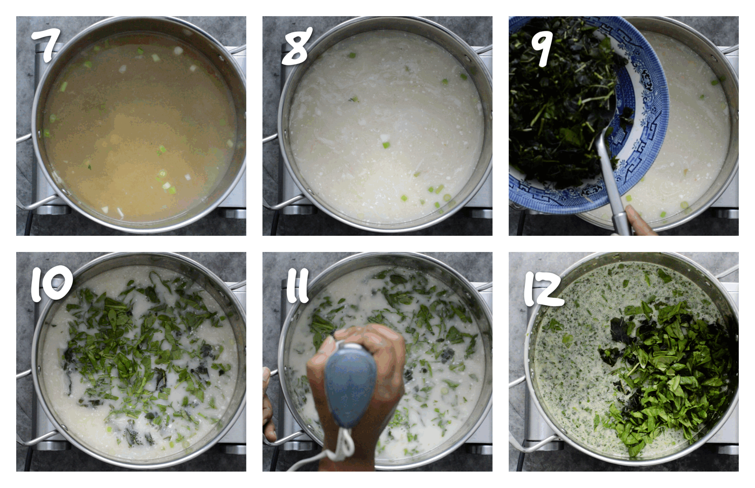 step7-12 adding broth, coconut milk and callaloo