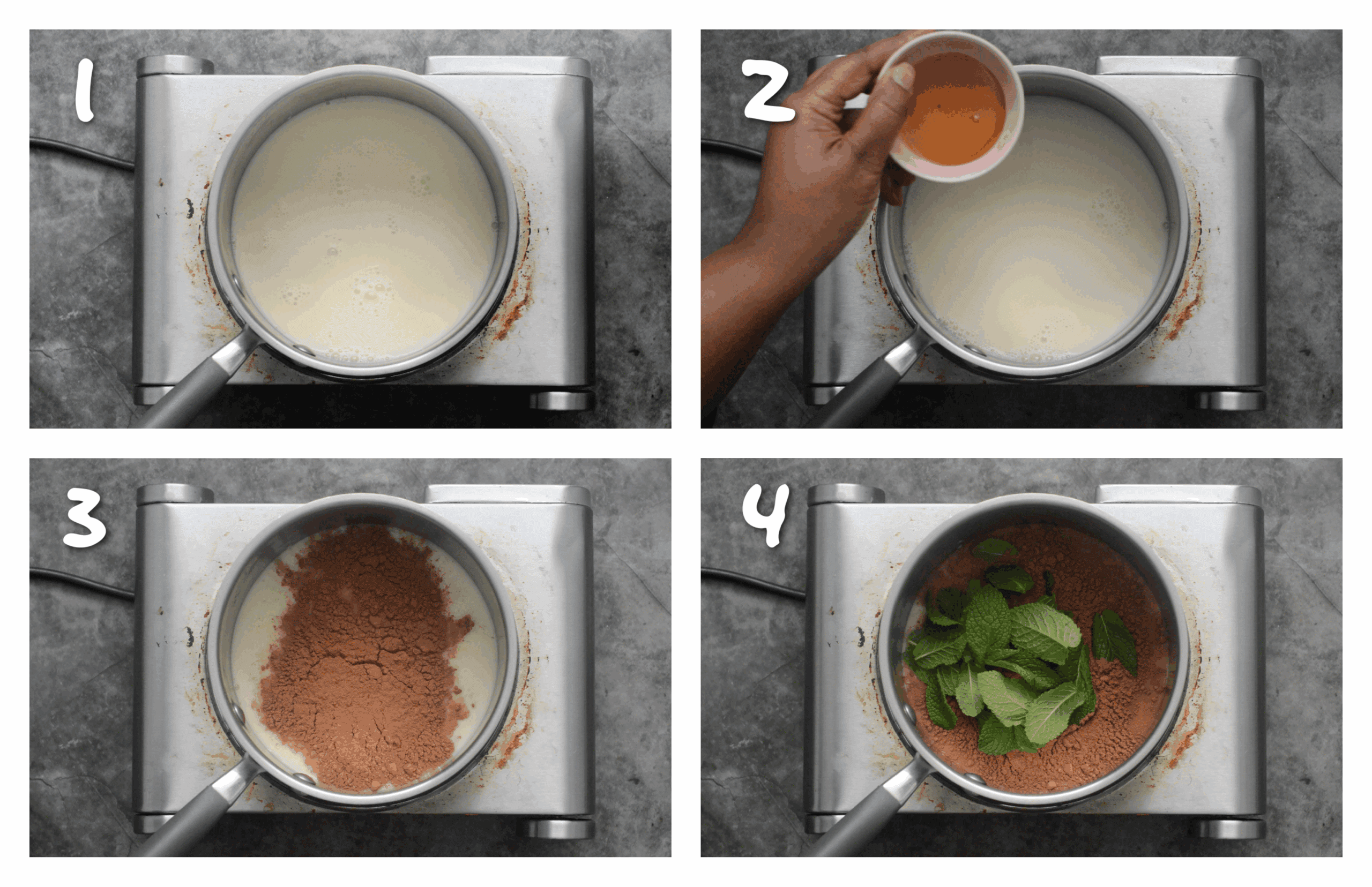 step1-4 adding the almond milk, maple syrup,cacao powder and mint leaves
