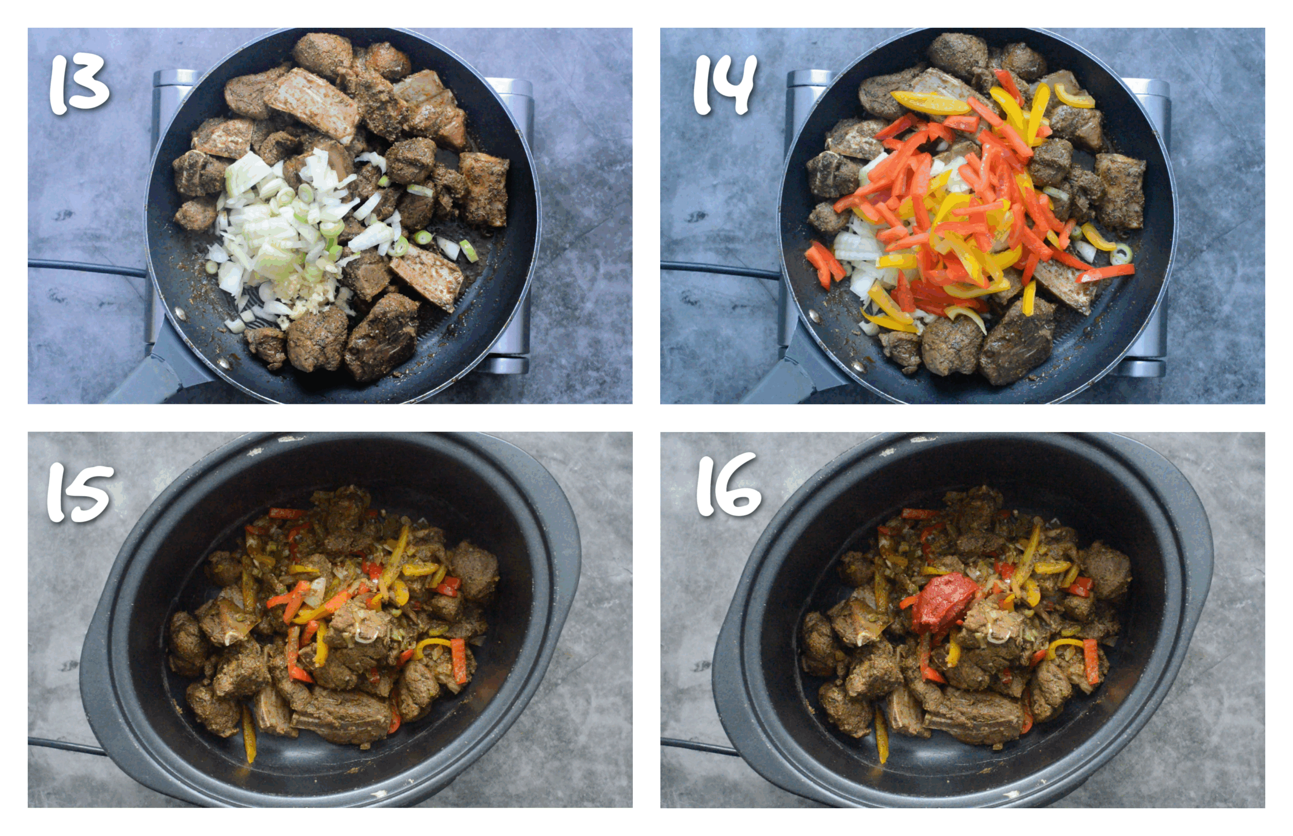 step13-`16 adding the onion, garlic, peppers and tomato paste