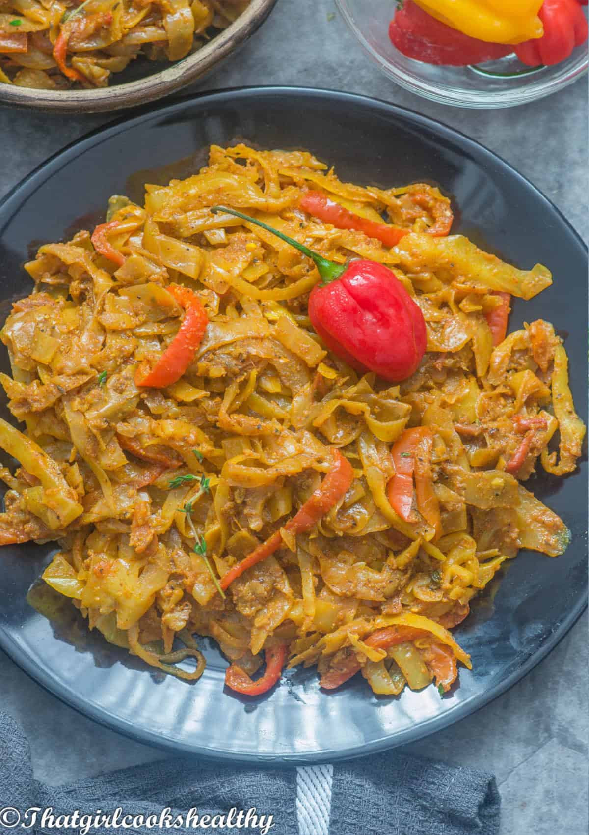 Close up of the cabbage with scotch bonnet pepper